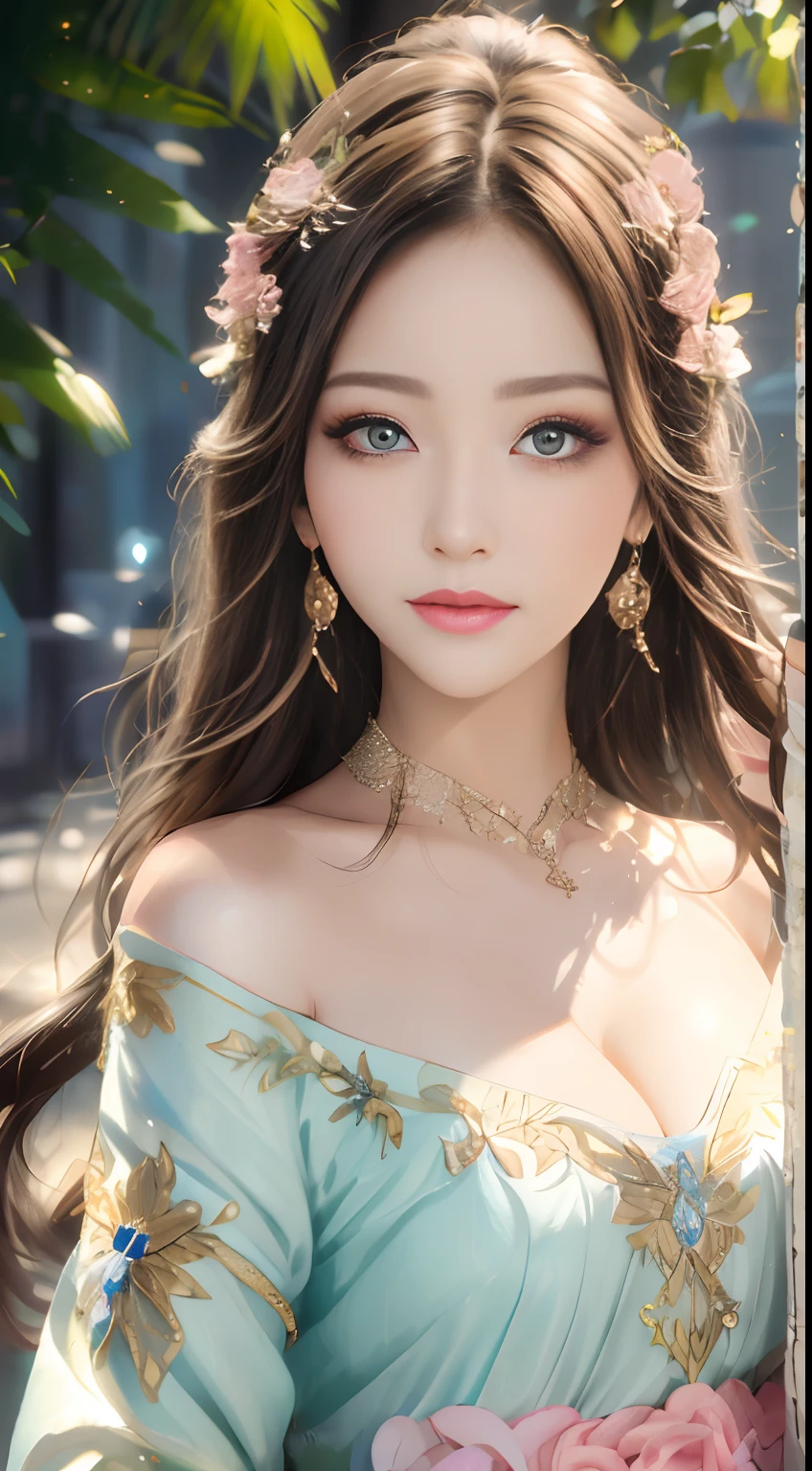 Absurd, ultra-detailed, high quality, masterpiece, detailed face, beautiful eyes, Aphrodite, the goddess of love and beauty, possesses a beauty that is breathtaking and unrivaled. Her physical features are flawlessly sculpted, with delicate yet captivating curves and a graceful posture that exudes elegance. hair flows like strands of spun silk, cascading in waves of lustrous gold. eyes are deep and mesmerizing, sparkling with a divine light that reflects the depth of her passion and the mysteries of love. Her lips, delicately curved, hold a hint of a knowing smile, teasing and alluring in their gentle grace. Aphrodite’s skin is flawless, smooth as petals of the finest rose. It radiates a warm and inviting glow, like the first blush of dawn on a clear summer morning.