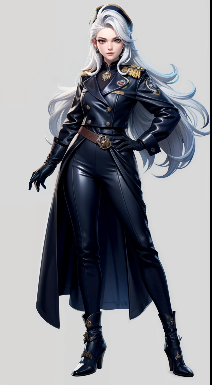 solo, super fine photo, full body picture Unreal Engine 5 8K UHD of a girl, wearing black and white tight shiny suit, navy general, long black glove, long white hair, fantasy character, pirate harbor fantasy background, best quality, masterpiece, unified 8k wallpaper, super detailed, sharp focus, female pose