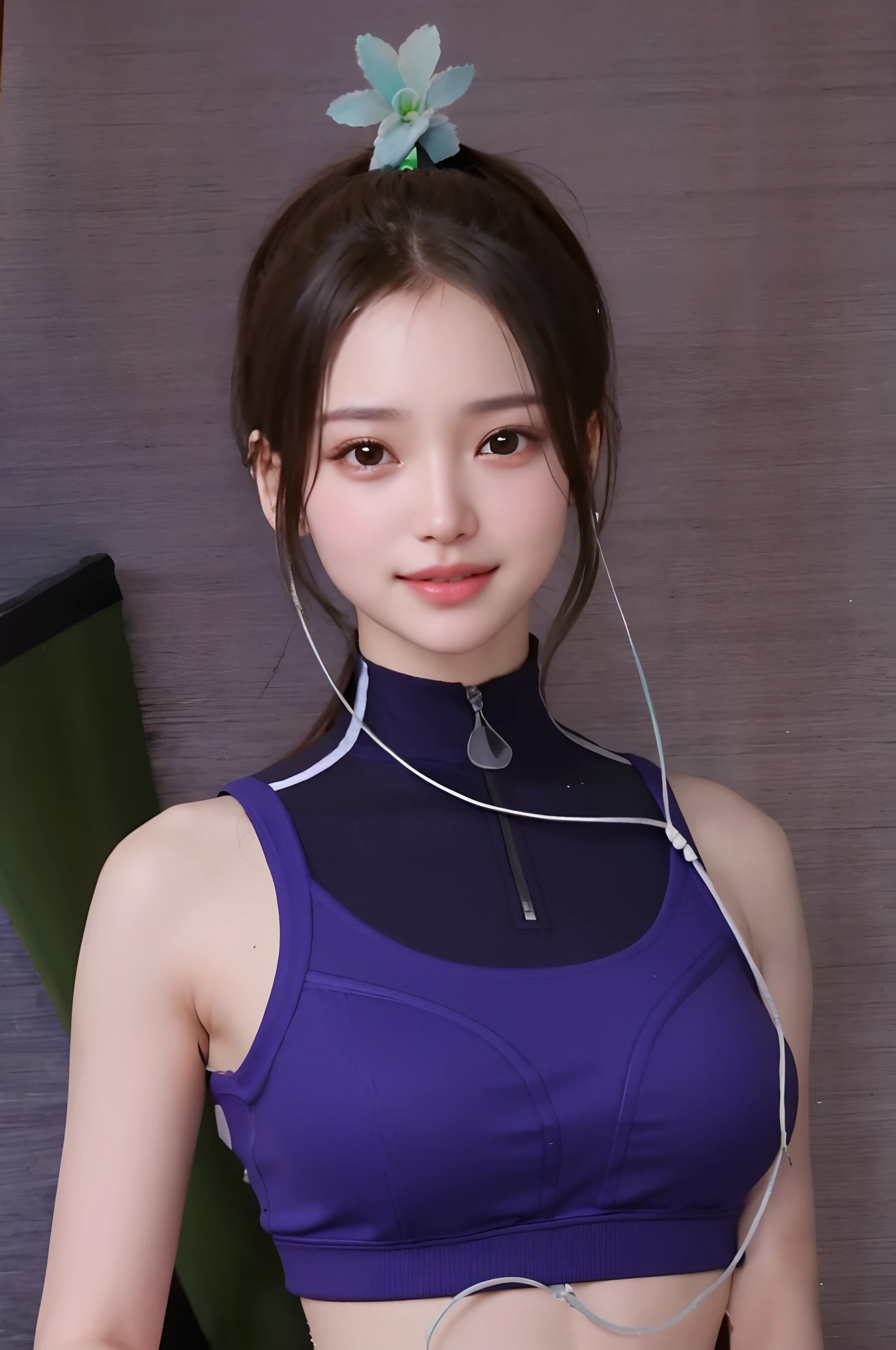 zydG, 1girl, detailed skin, looking at viewer, brown eyes, (ponytail with bangs:1.2), (large breasts:1.0), (large areolae:0.8), smile with white teeth,
(photorealistic:1.4), (best quality:1.0), (ultra highres:1.0), 8k, RAW photo, (masterpiece:0.2), (sportswear:1.4), (sweat, wet:1.1), portrait, face focus,
(pureerosface_v1:0.5)