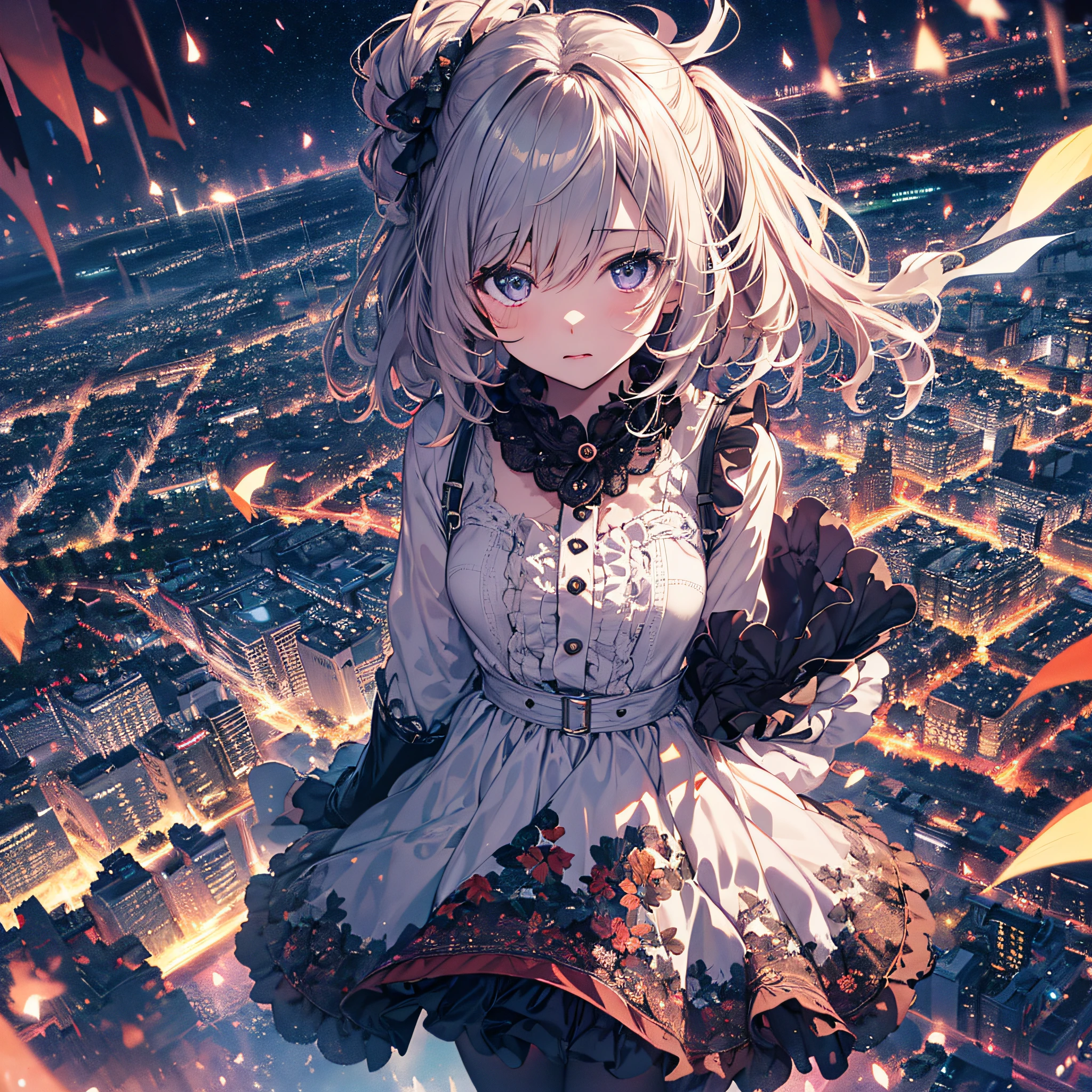 ultra detailed game CG, (High resolution:1.1),(absurderes:1.1), 1girl in,  Girl, Solo, Simple Anime, nightcity, Overlooking the night view from a height