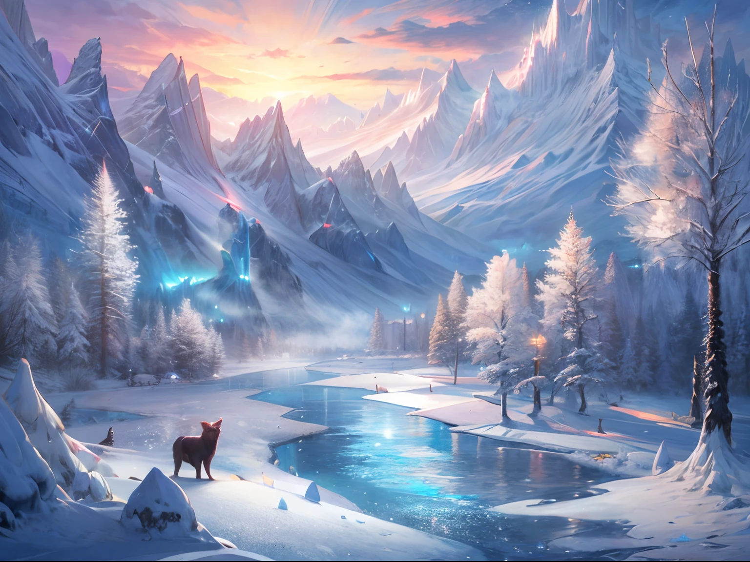 This breathtakingly official concept art was created by Mappa Studios，Majestic scenes depicting frozen rivers during the Ice Age. Each element is covered with an original blanket of glittering snow and ice, Create a winter wonderland. The landscape features stunning ice spike forests and snow-capped mountains, Reach into the sky with ethereal beauty. above, Aurora lights dance in the night sky, Cast a mesmerizing glow over the frozen landscape.
Despite the blizzard and the blizzard raging, A small bush stands elastically, Add a touch of life and color to an otherwise icy environment. A soft mist intensifies the atmosphere, This adds to the mystery，And create a sense of depth in the scene.
This highly detailed digital art is presented in stunning 4K resolution, Showcasing the intricate details of ice and the delicate texture of snow. Realistic scenes are achieved by using Octane rendering, Make it almost tangible.
The use of bioluminescent elements adds a magical touch to the composition, Soft cool colors illuminate the beauty of frozen snow-capped mountains. Lenny Claire's artistic skill creates cleanliness, Well-defined lines, Increase the overall aesthetic appeal of the artwork.
This masterpiece is a testament to the talent and expertise of Mappa Studios, Represents the best quality of official art and illustrations. The composition is perfectly balanced, Stick to the rule of thirds，Create visually pleasing arrangements of elements.
With its 8K resolution, This concept art showcases an incredible level of detail, Let the viewer fully immerse themselves in the frozen world depicted. The image is a true gem in the field of fantasy art, Capture the essence of winter wonderland with a focused and captivating vision.