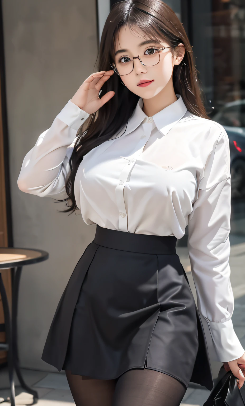 sexy model, black theme, long hair, high contrast (Natural skin texture, Hyperrealism, Soft Light, sharp), portrait, standing, korean, shirt and skirt