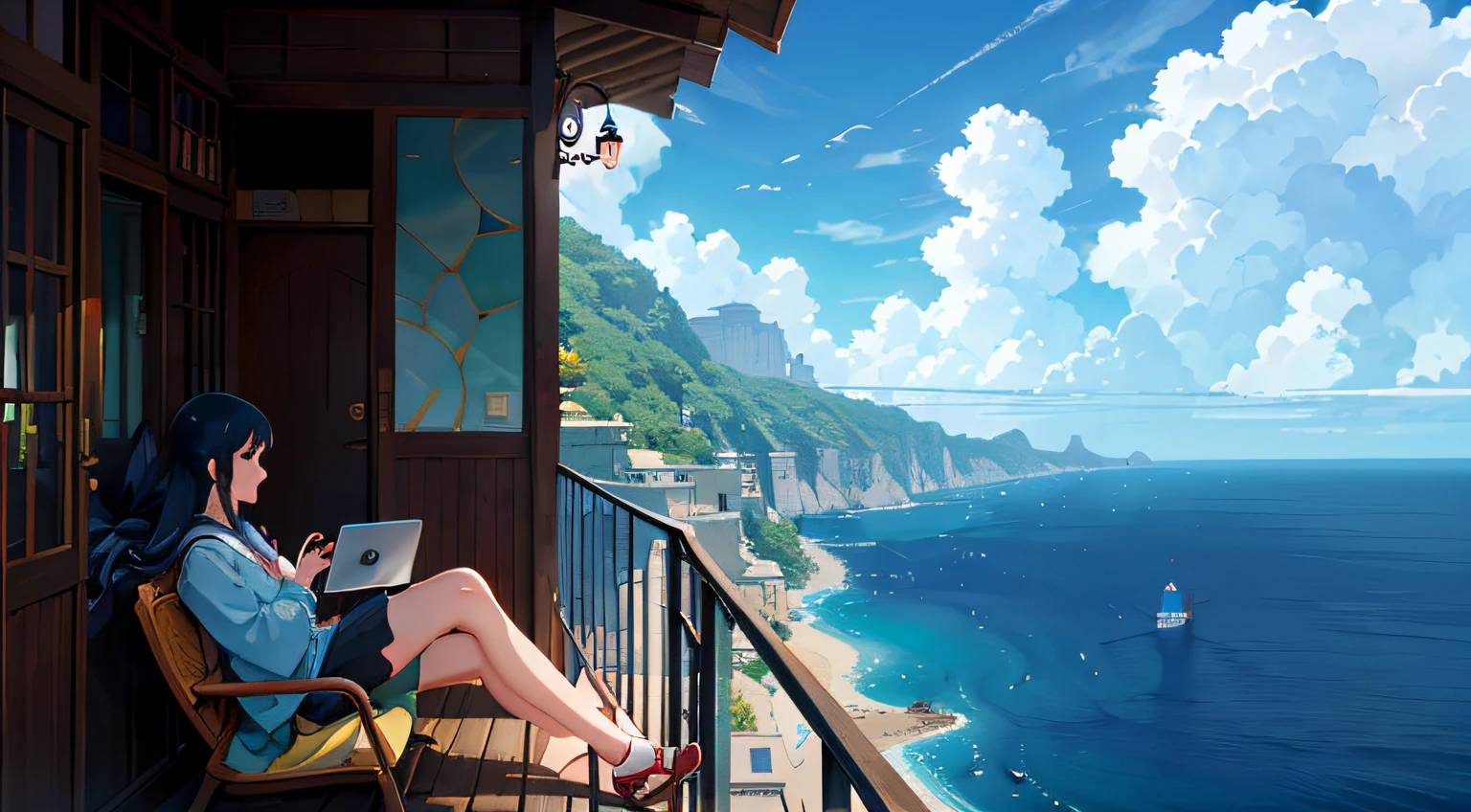 Anime setting of woman sitting on balcony of café with sea view,Work on a laptop, by Miyazaki, makoto shinkai cyril rolando, Amazing Miyazaki, miyazaki's animated film, studio ghibli artstyle, beautiful anime scene, miyazaki film, Hayao Miyazaki's style, Inspired by Miyazaki, miyazaki film, ghibli art style