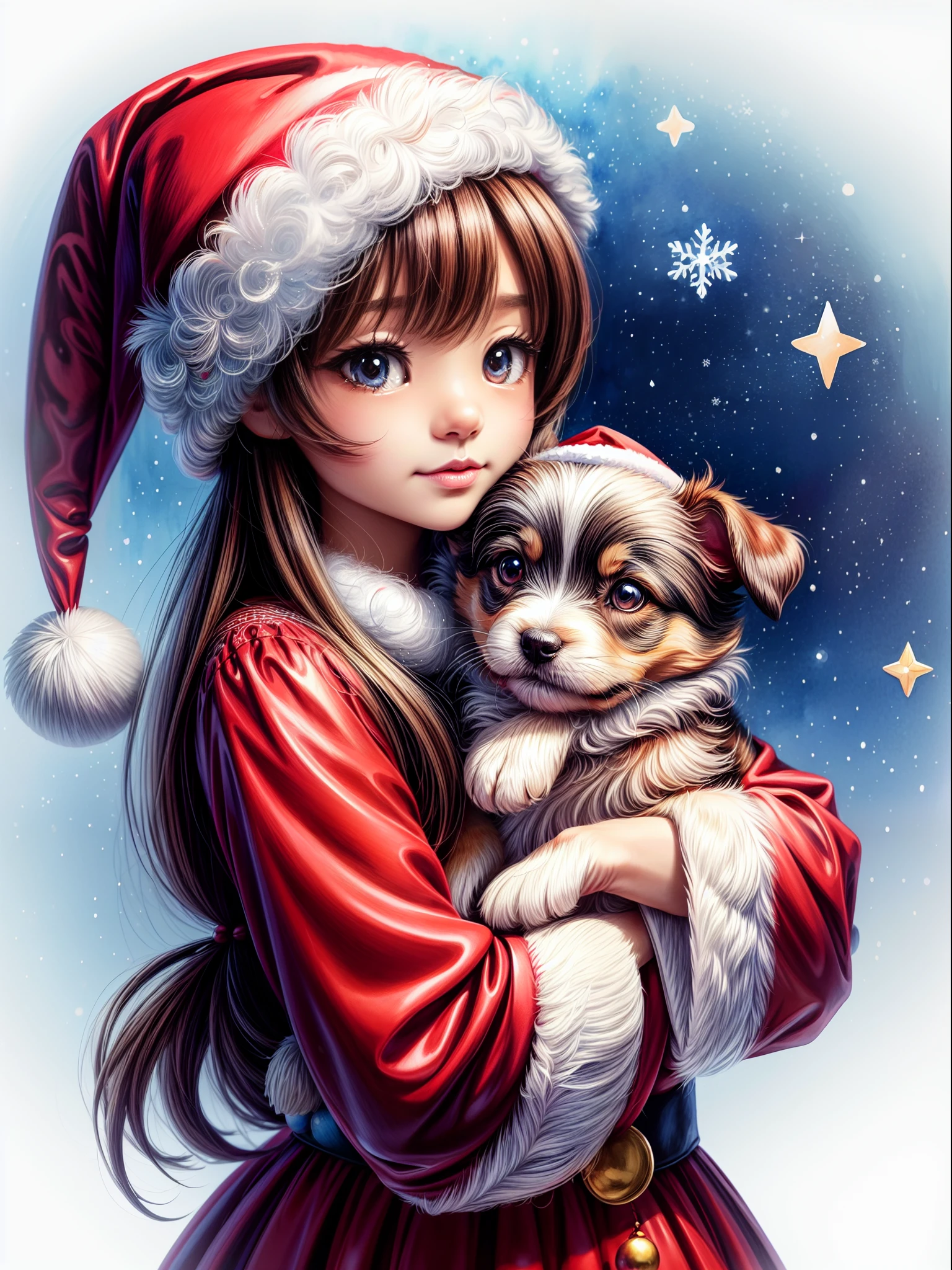 Extremely cute kawaii chibi puppy dog in Santa Claus hat, detailed beautiful eyes, Christmas theme style, centered, complete, character illustration, intricate details ultra high quality, award winning painting 8k extremely high definition, hand painted, watercolor painting, broad strokes, colorful, high shine, high res, greeting card style, white background