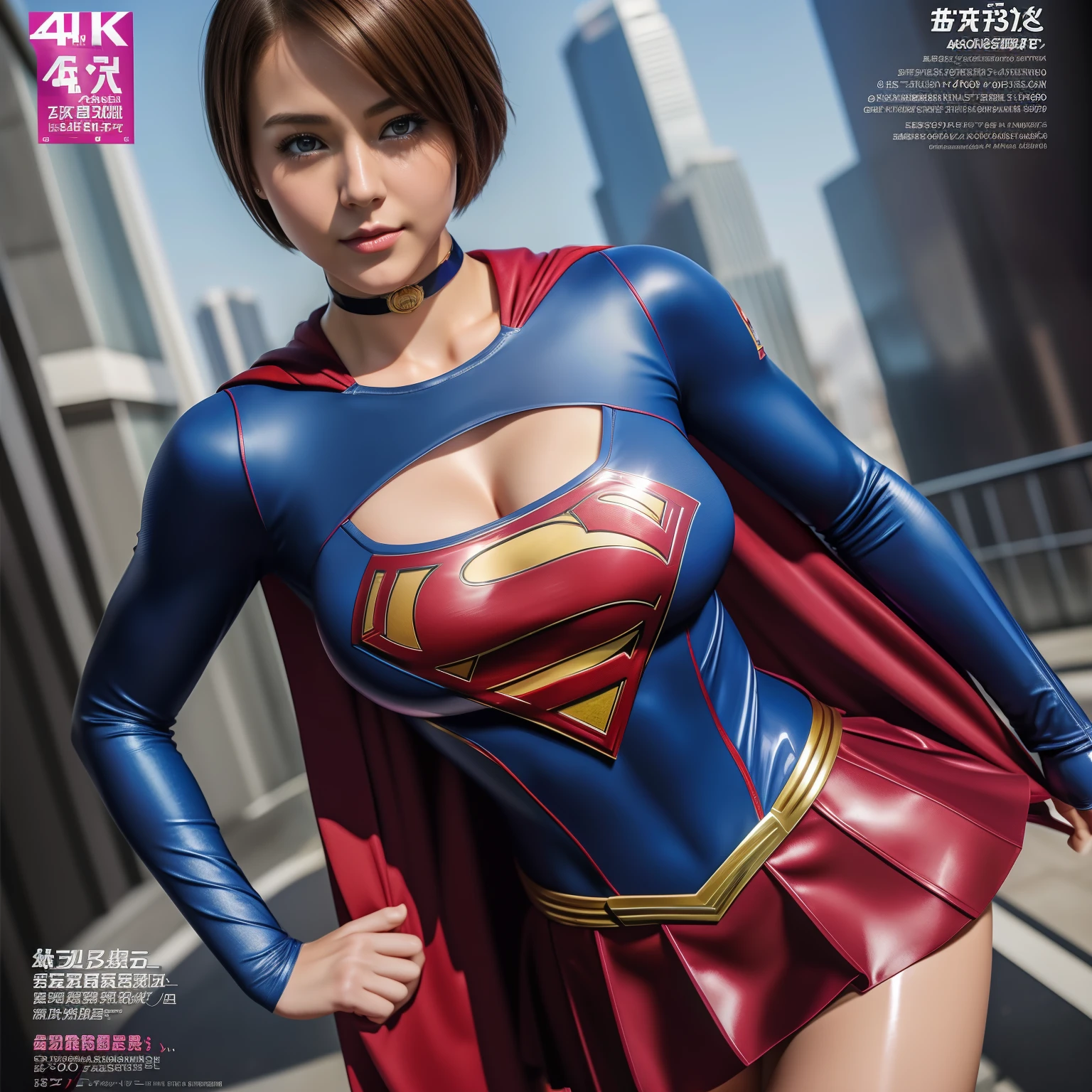 (Best Quality,4K,8K,hight resolution,masutepiece:1.2),Ultra-detailed,Realistic:1.37,Super masterpiece,Short-haired Supergirl、large full breasts、Looking at the camera、Glossy costume、a choker、Too short miniskirt、Magazine covers、brochure