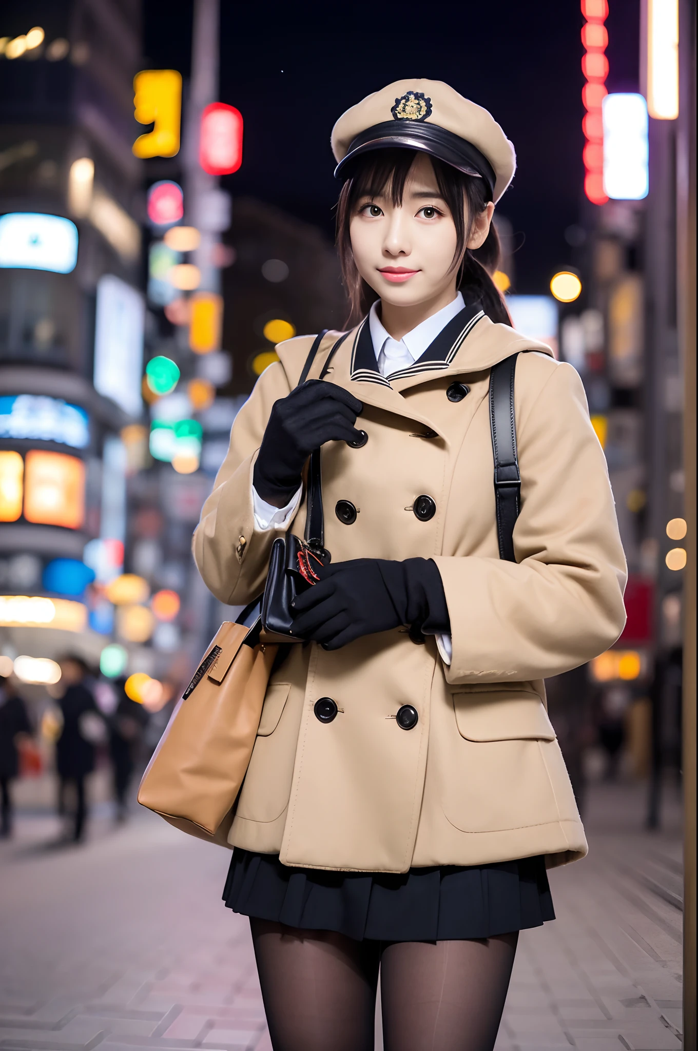 full body Esbian,a picture,caps,Five Fingers,Black leather gloves,Perfect Anatomy,Ultra detailed eyes,masutepiece,a Japanese cute girl,Long-sleeved uniforms,Wear a P coat,Carrying a bag,lowfers,,street snap,illumination,mid night,Bokeh,Black short socks,Bangs,in Tokyo,Winters