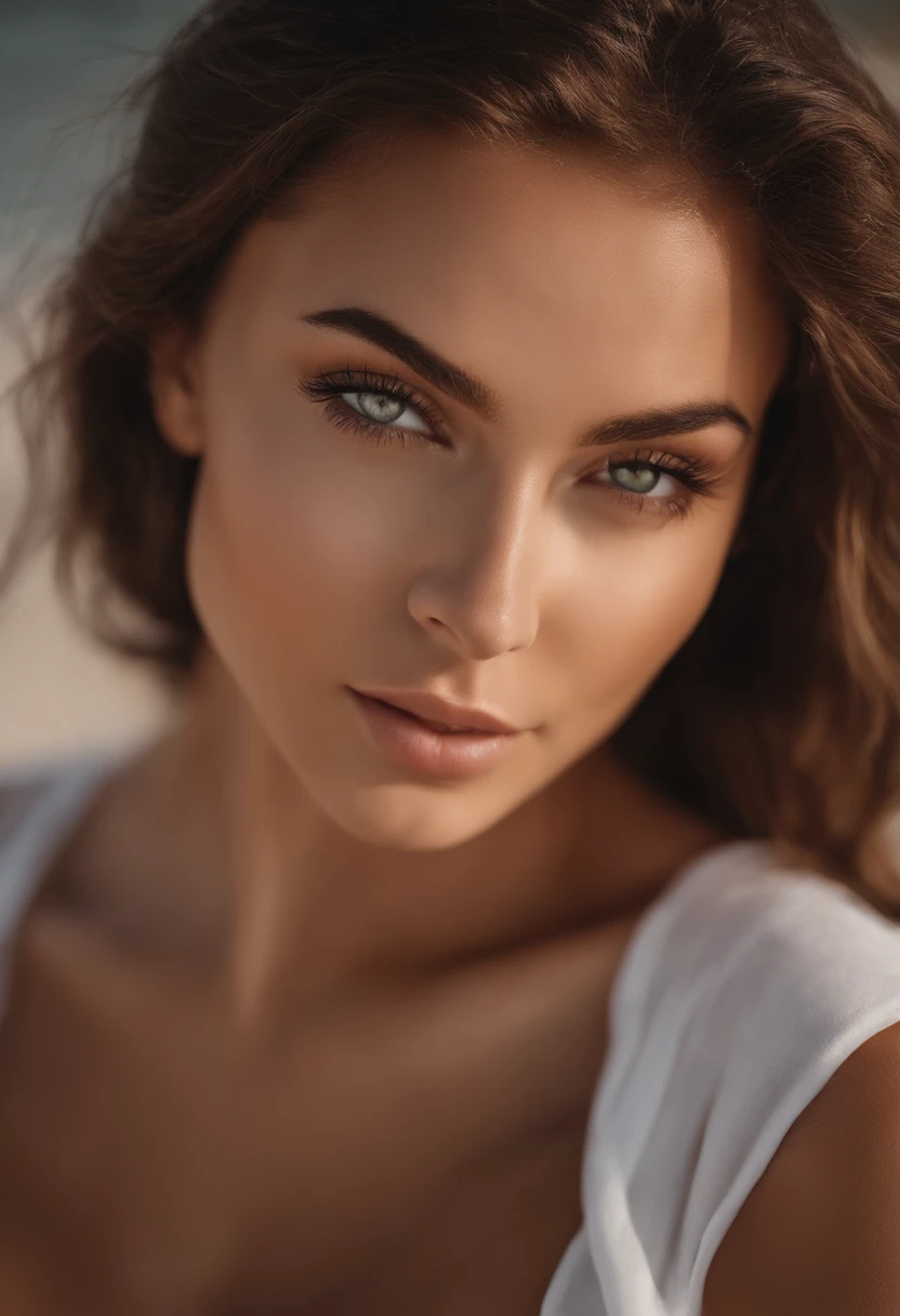 Femme arafed avec de gros seins, fille sexy aux yeux marron, Portrait Sophie Mudd, cheveux bruns et grands yeux, selfie of a young woman, Yeux de chambre, Violet Myers, sans maquillage, maquillage naturel, looking straight at camera, Visage avec Artgram, Maquillage subtil, Superbe photo du corps entier, piercing green eyes, Bel angle, pose attrayante, fille mignonne, sexy pose, Image du corps entier, corps entier, Prise de vue du corps entier, brunette goddess, High detail, pose satisfaite, plage, bikini