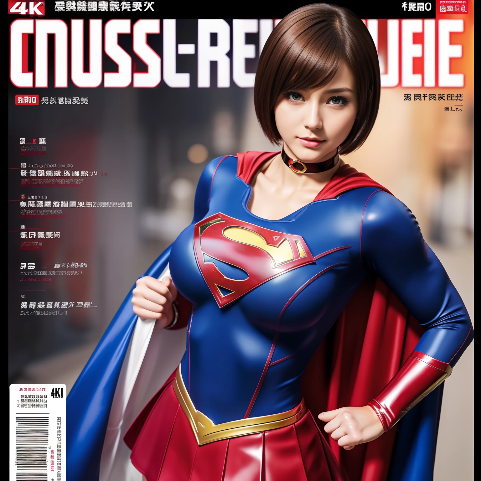 (Best Quality,4K,8K,hight resolution,masutepiece:1.2),Ultra-detailed,Realistic:1.37,Super masterpiece,Short-haired Supergirl、large full breasts、Looking at the camera、Glossy costume、a choker、Too short miniskirt、Magazine covers、brochure