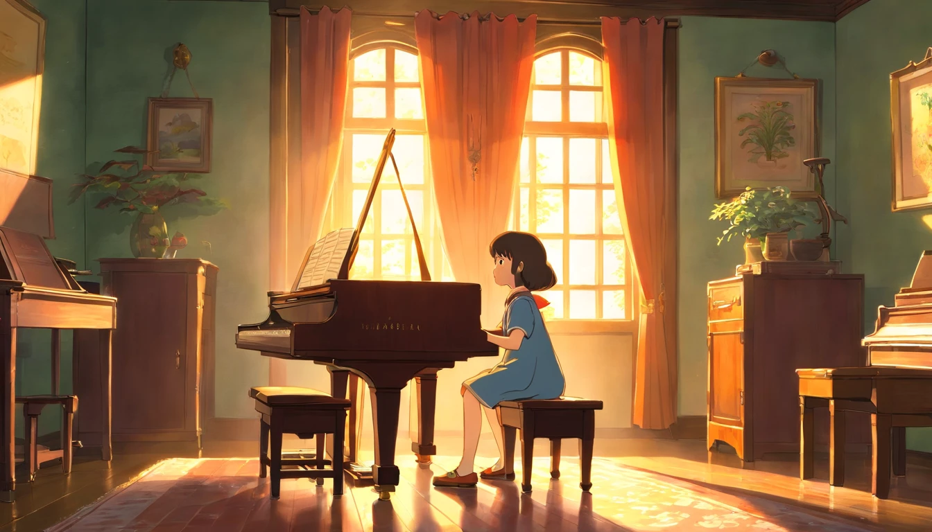 The 8-year-old girl plays the piano seriously in the room，Sunlight comes in through the window