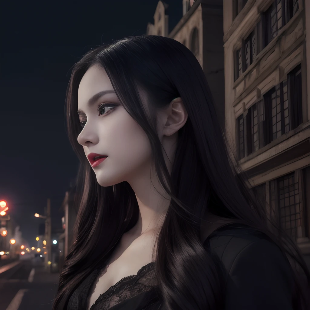 Create top-quality images that resemble photos. It should depict a beautiful vampire at night in the city, Moonlight gently illuminates the building. This vampire is impressive(red eyes)、(Sharp fangs)Has a, Need to capture with exquisite detail. Make sure every aspect of the scene is as realistic as possible.