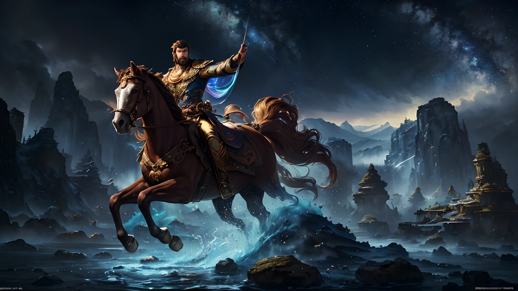 (Masterpiece, Top quality, Best quality, Ultimate detail, Highest detail, offcial art,& Aesthetics: 1.2), Golden ratio, Full composition, offcial art, Unity 8k wallpaper, Super detailed, Beautiful, (Fractal art: 1.4), Handsome guy on horseback, Fly over town, full bodyesbian, , From below, Splash,Rainbow