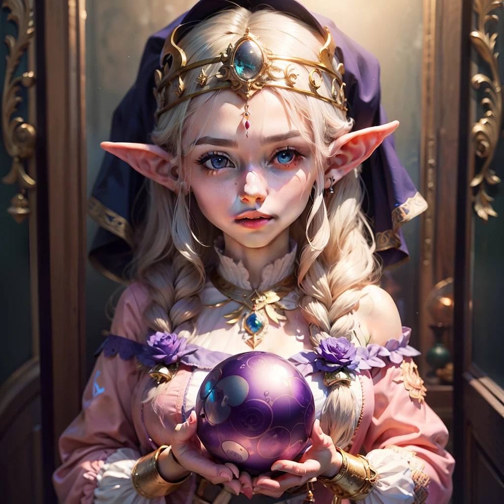 elf dressed in peach clothes, fortune teller, violet magic ball at hands 🔮 --auto --s2