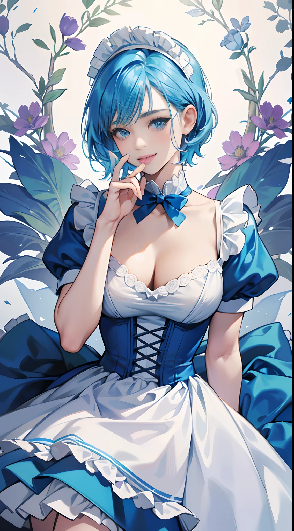 (Best Quality,4K,High resolution),Blue Maid Clothes，huge tit，White and blue color scheme，Frill Micart，maid apronl，Delicately drawn illustrations，Vivid color scheme，colourfull，Detailed body，realistic representation，charicature，Neat gesture，a 20 yo woman，Beautie，Maids，Blue Maid Clothes，blue hairs，short-hair，Very short，The hair on the side is bouncing，kindly smile，blue eyess，adult lady，Delicately expressed realistic illustrations