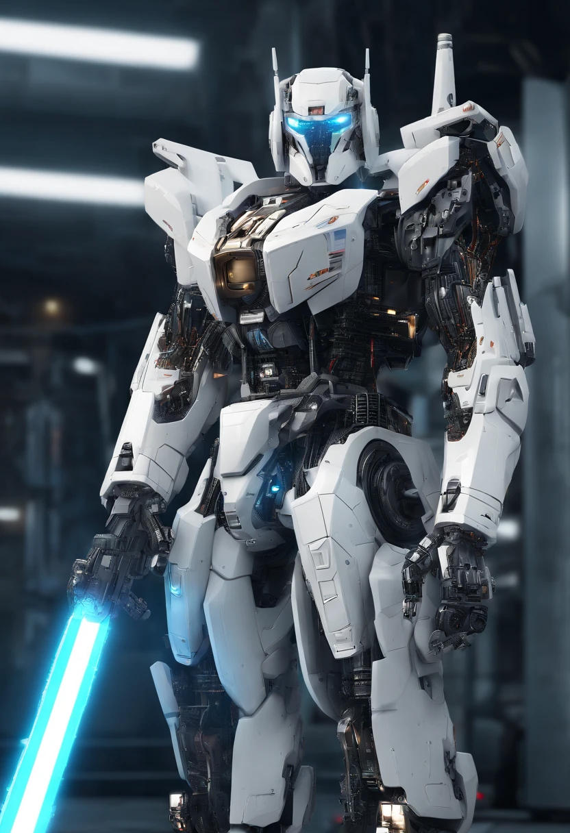 White armor,Huge lightsaber,8k,k hd,hentail realism,Gundam robots,Streets that were half destroyed,dust,Hold a sword in both hands,vigilante,Lunge,Always ready to strike,