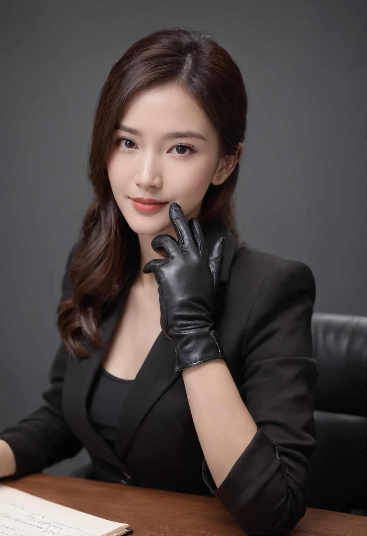 Wearing black leather gloves on both hands, Upper body, Black business suit, Facing the desk in my room with a computer in the dark, Look down and smile, Use a fountain pen to write a letter, Black hair was tied back for a long time, Still young and very cute Japan female new employee (Black leather gloves cover both hands)Gentle smile looking at the camera、Black leather gloves to do the job
