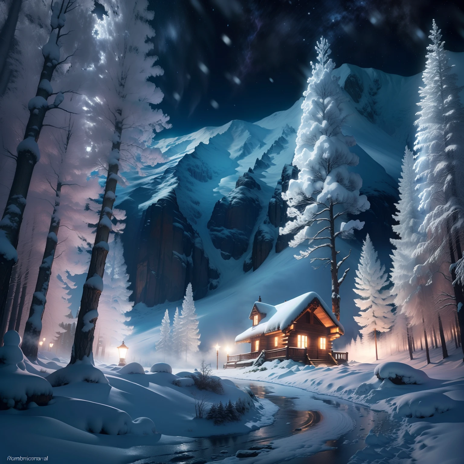 Night forest cabin under snowy mountains， Ethereal, Celestial, Divine，High Picture Quality，Realistic snow scene，Nature views