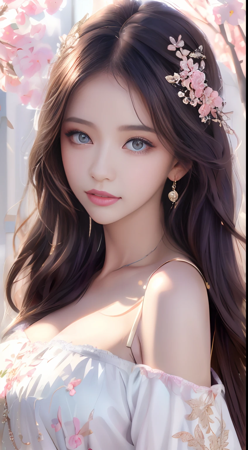 best qualtiy，tmasterpiece，A high resolution，1girll，Dingdall effect，realisticlying，edge lit，twotonelighting，（highdetailskin：1.2），8K  UHD，Pure，Sweet，Flower background，Colorful background，Based on physical rendering，Perfect light and shadow，extreme hight detail，Pink tones，Eye reflections，Raised sexy，perfect bodies，Superb beauty，largeeyes，long eyelasher，Delicate eyes，large shiny eyes，Minor pupillary reflexes，Shoulder and neck details，The pupil texture is delicate，Perfect eyes，Black pupils，best qualtiy，tmasterpiece，16k，A picture，head portrait，Bigchest，longer sleeves，Take care of your chest，Large breasts，Delicate avatar