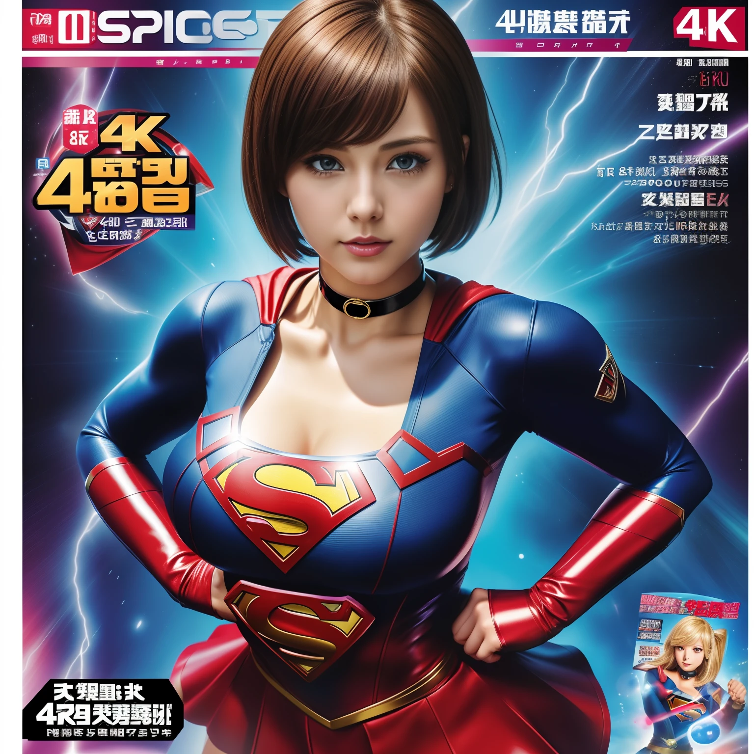 (Best Quality,4K,8K,hight resolution,masutepiece:1.2),Ultra-detailed,Realistic:1.37,Super masterpiece,Short-haired Supergirl、large full breasts、Looking at the camera、Glossy costume、a choker、Too short miniskirt、Magazine covers、brochure