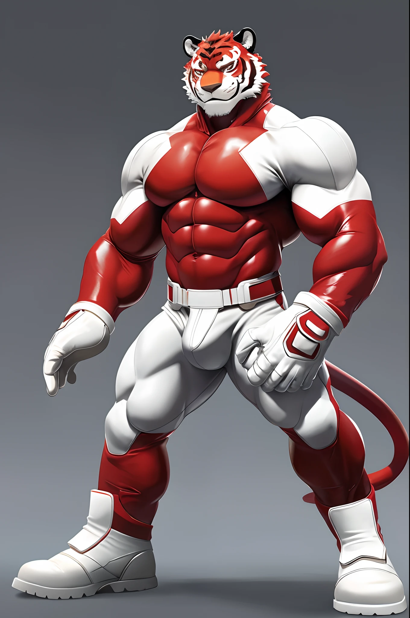 masterpiece, best quality, highres, 1male, solo, white tiger male, Sentai Hero, ((red costume, white leather gloves, white leather boots,)) solid background, standing pose, tight bodysuit, muscular body