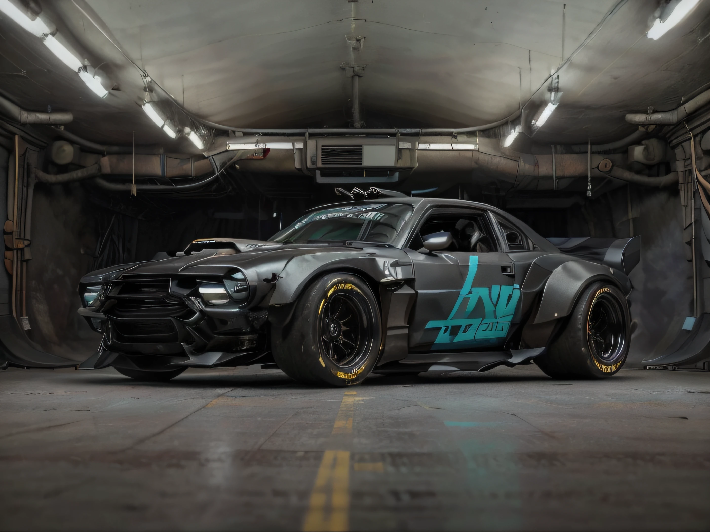 uma vista frontal 3/4 dos ((Futurista cyberpunk Hotrod Zeekars)) (com pneus brilhantes), carro preto, carenagem com efeitos de neon, Red headlights ((linhas neon vermelho)), fundo garagem underground, ((luzes neon no teto)) (((GRANDE GARAGEM UNDERGROUND))) (((GRANDE GARAGEM CYBERPUNK))) (((CYBERPUNK))) LUZES NEON NO TETO