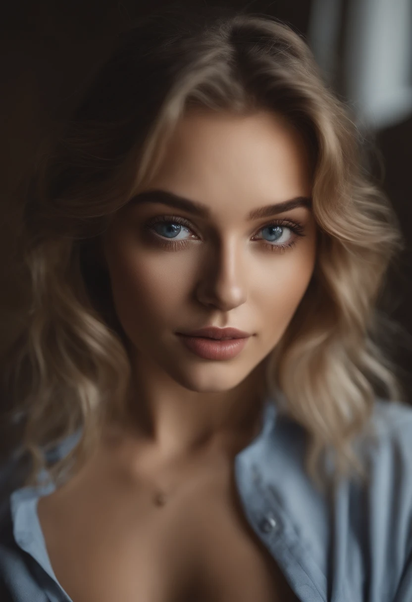 Arafed woman completely , fille sexy aux yeux bleus, ultra realist, Meticulously detailed, Portrait Sophie Mudd, cheveux blonds et grands yeux, selfie of a young woman, Yeux de chambre, Violet Myers, sans maquillage, maquillage naturel, looking straight at camera, Visage avec Artgram, Maquillage subtil, Superbe photo du corps entier, dans la chambre, Medium to large bust