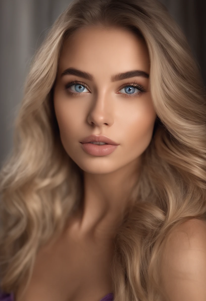 Arafed woman completely , fille sexy aux yeux bleus, ultra realist, Meticulously detailed, Portrait Sophie Mudd, cheveux blonds et grands yeux, selfie of a young woman, Yeux de chambre, Violet Myers, sans maquillage, maquillage naturel, looking straight at camera, Visage avec Artgram, Maquillage subtil, Superbe photo du corps entier, dans la chambre, Medium to large bust