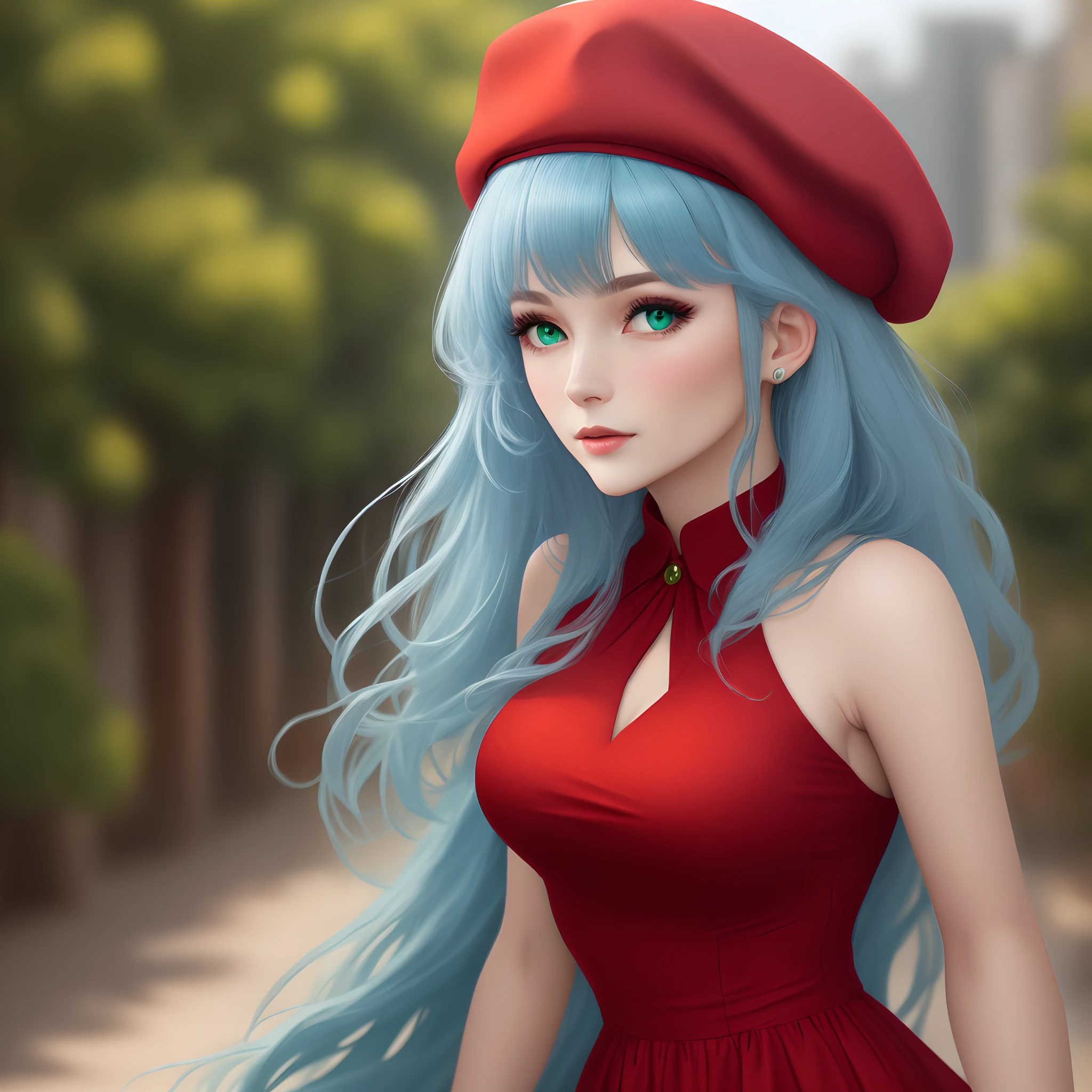 blue hairs, Green eyes, Longhaire, Red beret, RED dress, A 40-year-old woman