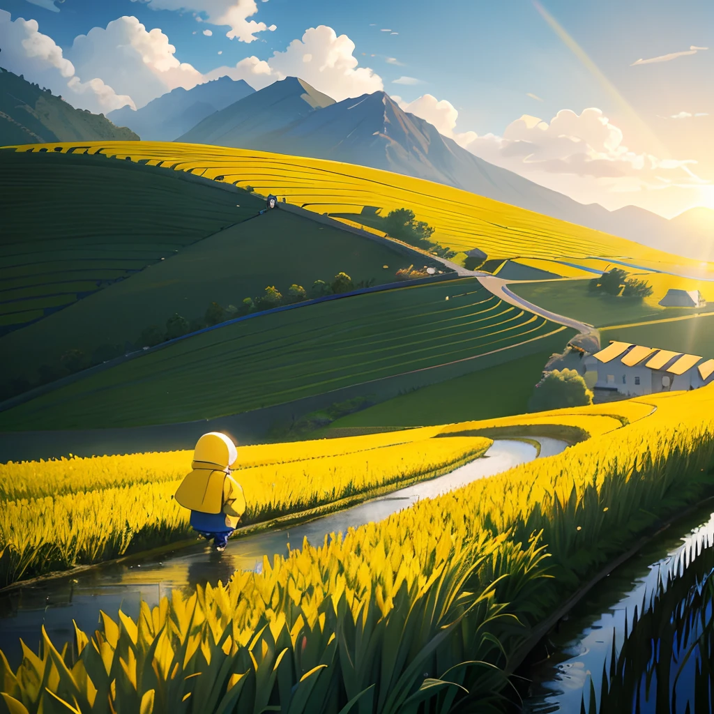 A in a yellow coat strolls through a rice field,He was walking along a stream,Small hills in the distance,setting sun,small houses, comic strip, yellow backdrop, a sticker,8k