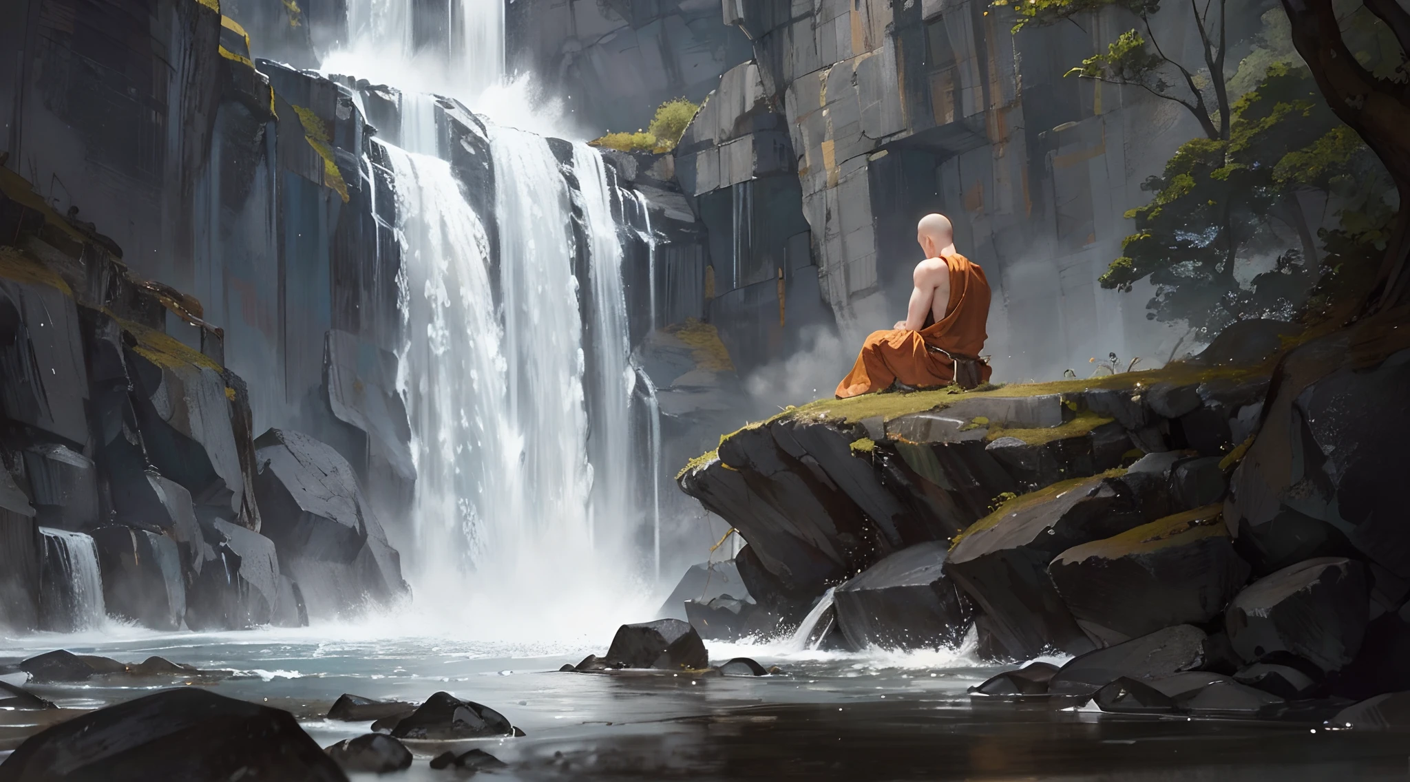 A serene monk in deep meditation, seated beneath a raging waterfall. Despite the powerful rush of water, the monk remains calm and centered, embracing the elements with inner peace. The cascading water creates a dramatic backdrop, symbolizing the harmony between the monk's tranquility and the chaotic world around them. Best quality, intricate details, clean lines, eye-catching composition, soft tones, anime realism, perfect illustration