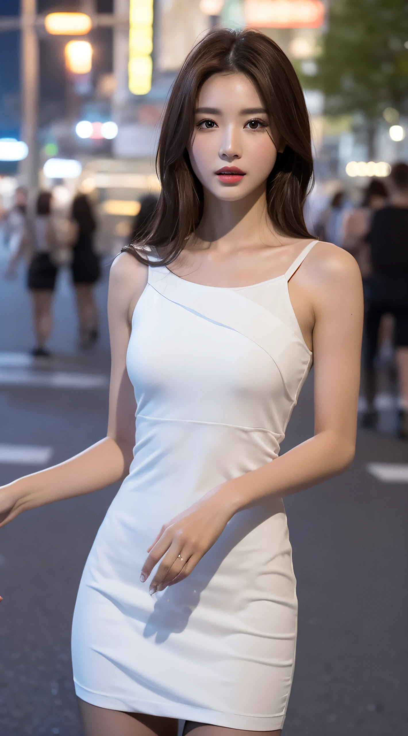 ((Realistic lighting, Best quality, 8K, Masterpiece: 1.3)), Clear focus: 1.2, 1girl, Perfect body beauty: 1.4, Slim abs: 1.1, ((dark brown hair)), (White dress: 1.4), (Outdoor, night: 1.1), City Street, Super Fine Face, Fine Eyes, Double Eyelids, (Over the knee black stockings: 1.5)