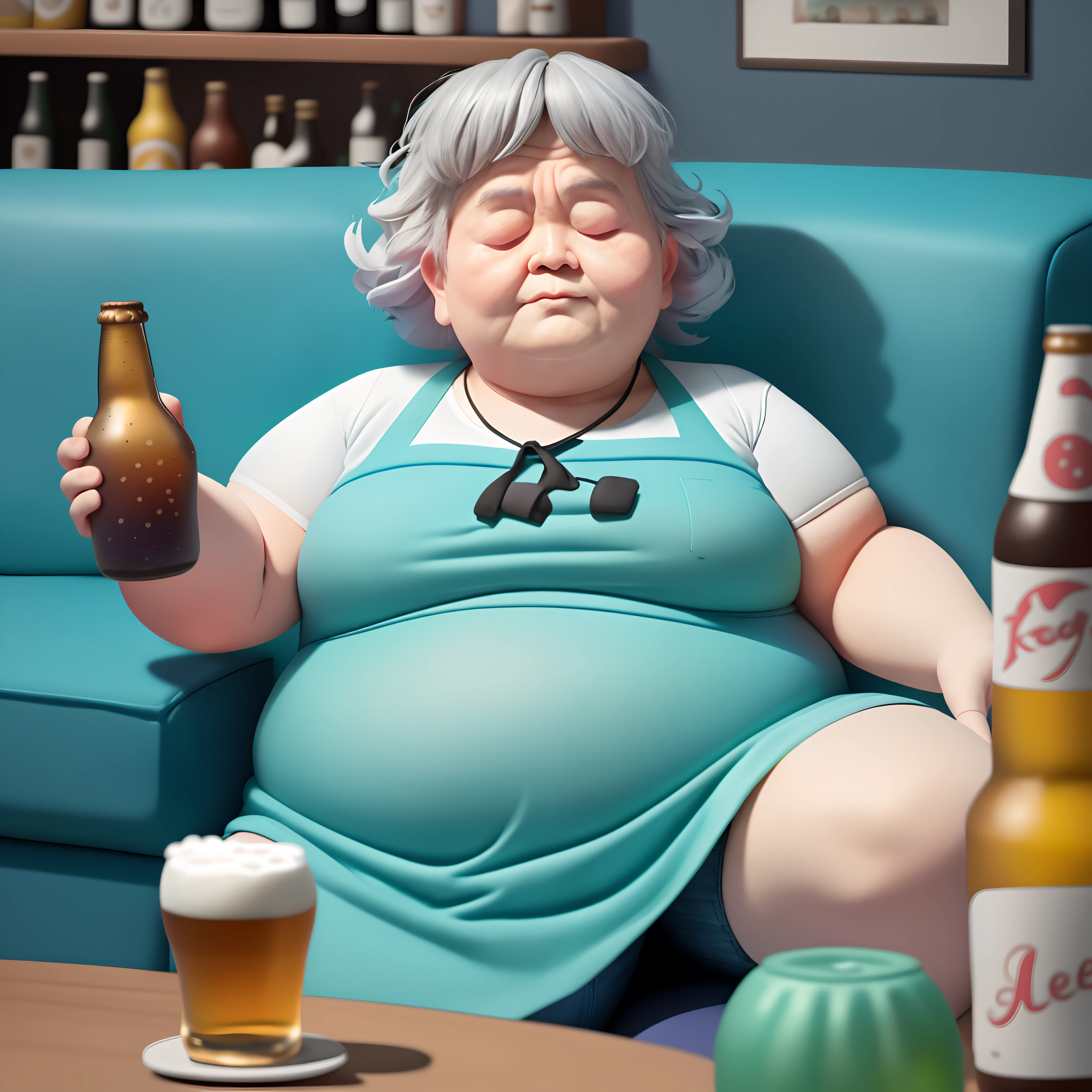 A fat old lady fell asleep on the couch,Accompany it with a bottle of beer,,Disney Pixar style , master piece, k hd, 8K
