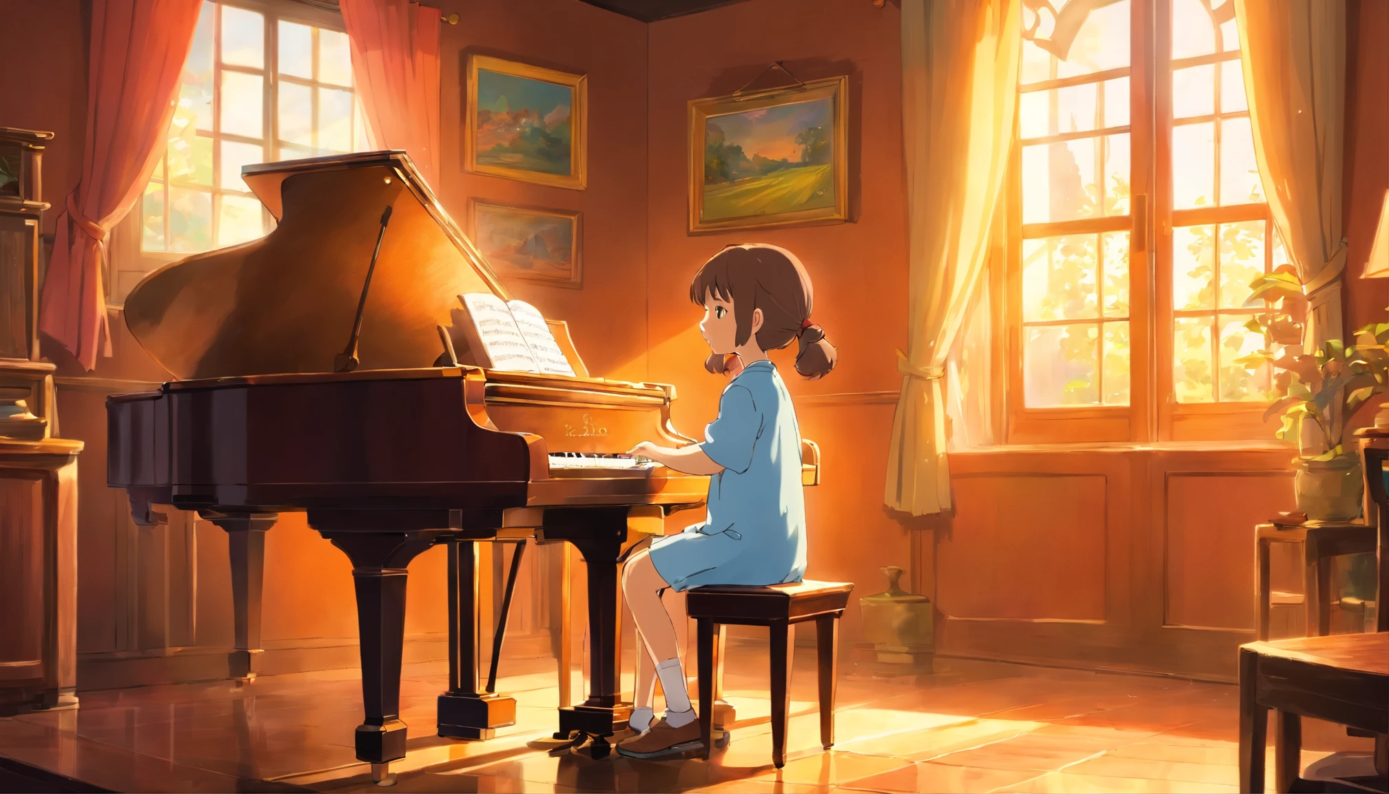 The 8-year-old girl plays the piano seriously in the room，Sunlight comes in through the window