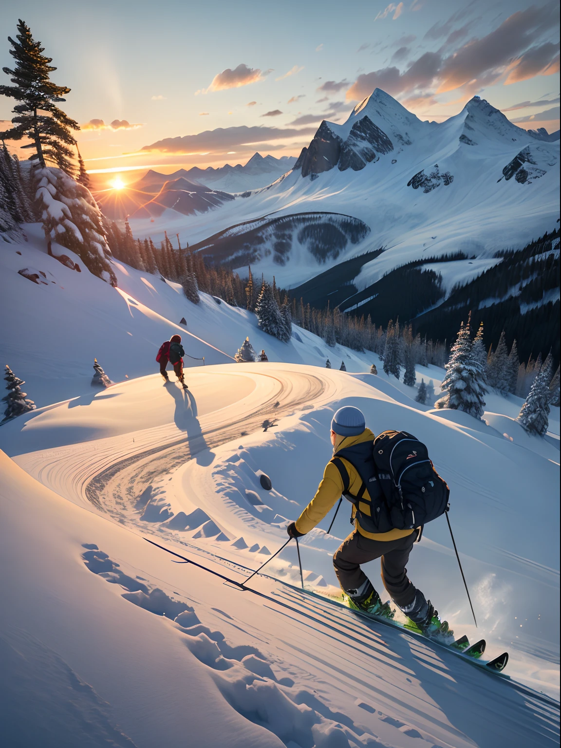 (8K, 16 k, awardwinning, Best quality, A high resolution, Super detail,ultra - detailed, Anatomically correct, masutepiece)，snow mountains, The skiers are well equipped，Slide down snowy mountain tops，Leave beautiful curves,  (1 man: 1.2), Backpack, Polarized glasses, ski,Thrilling,The background is the rolling snow-capped mountains under the setting sun，