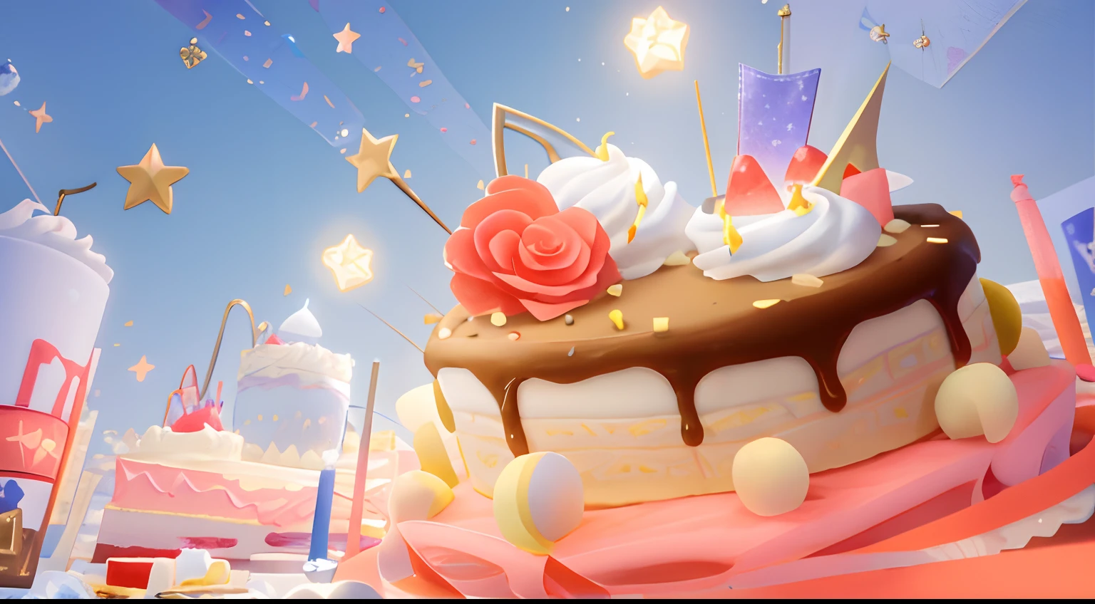 There is cake in the sky，There are candles and ornaments on it, Mobile game background, background artwork, happy birthay,  cake art, The birthday cake， Mobile game art, Cute detailed digital art, highly detailed scenario, CG art, Stylized art, arte de fundo, 3 d icon for mobile game, 8K high quality detailed art，1 word candle，Mille-feuille cake