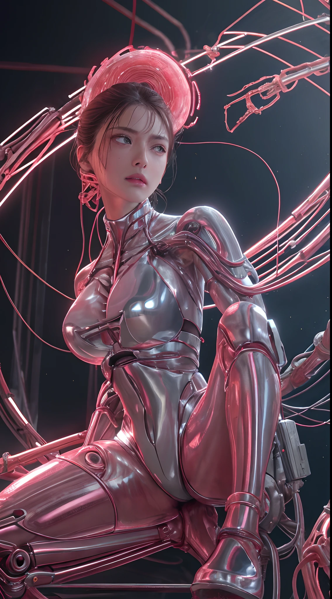 Full body like，1机械女孩，（（hyper realistic detailed）），sportrait，globalillumination，shadowing，rendering by octane，8k，Super sharp，metals，复杂，Decorations detailed，cool colours，egypician detail，highly intricate detail，realistic raytraicing，CGSociety trends，glowing light eyes，facing at the camera，neon light detail，Mechanical limbs，blood vessels attached to the tube，A mechanical vertebrae attached to the back，Mechanical cervical connection of the neck，sitted，wires and cables connecting to head，(RAW photo:1.2)，camel-toe，Hollow-out on，sweat leggs，White liquid， Smooth pink skin, shiny metallic glossy skin, Shiny，spread their legs，M-shaped legs，angry look，sullenness，Irritated，white liquid all over body，Full body like