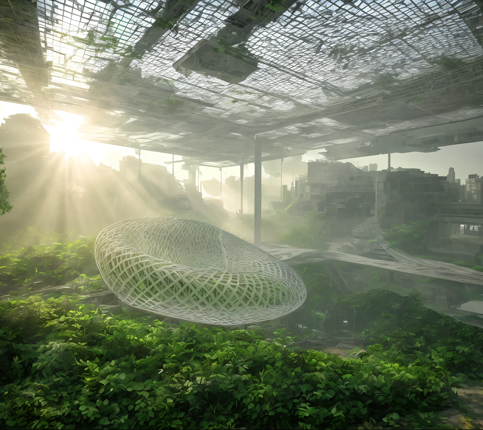 There is a silver building in the ground, mesh structure, 3 d mesh, 3d cell shaded, parametric structure, monochrome 3 d model, Metal Materials,，Abandoned futuristic city，Overgrown with lush greenery，Exquisite scenes，Skysky，baiyun，The sun shines，green floor，lakes