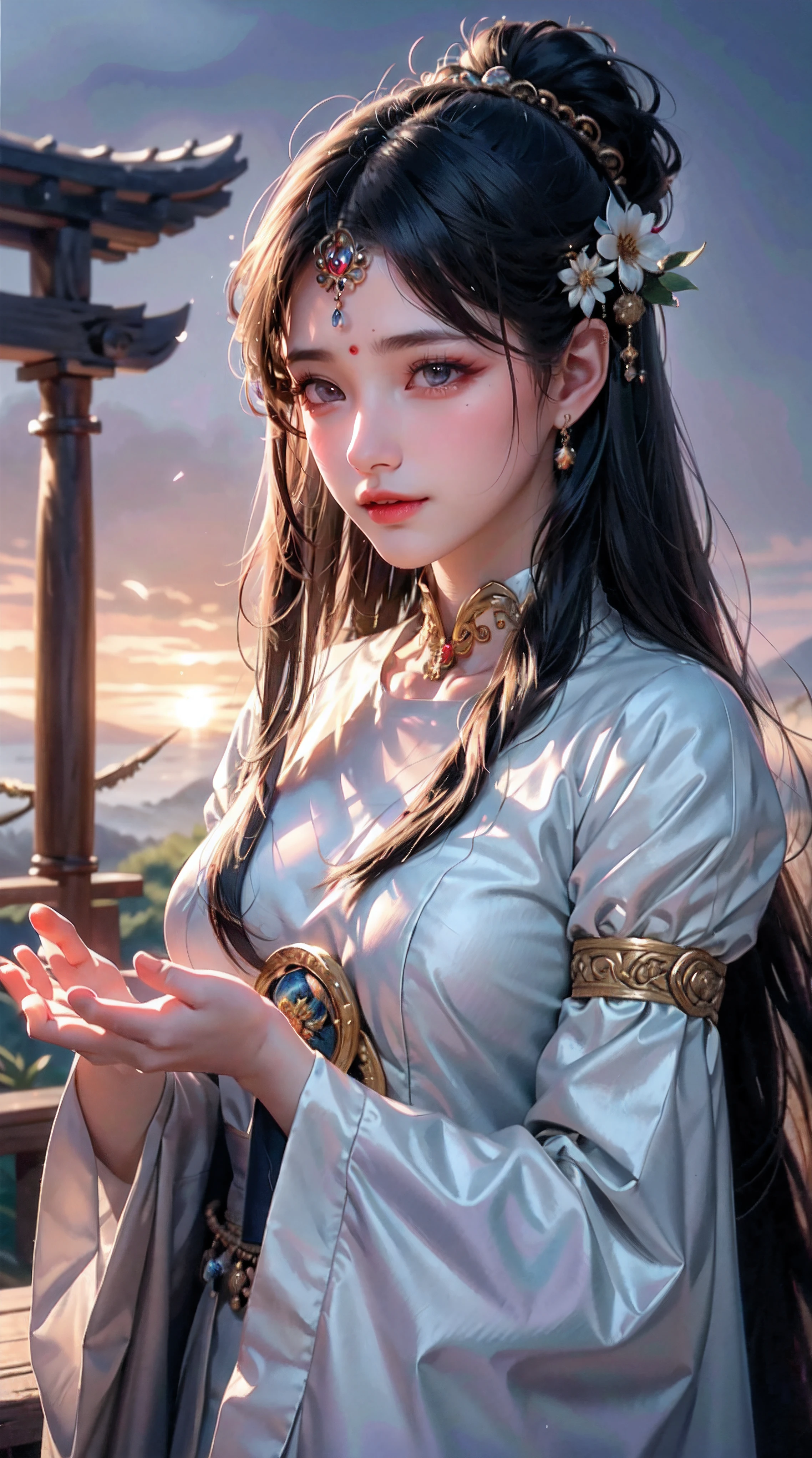 best quality,ultra-detailed,realistic,portrait,detailed eyes,detailed lips,long hair,female protagonist,traditional costume,mysterious atmosphere,foggy background,moonlight,soft lighting,digital painting,traditional art style,vivid colors,magical elements,peaceful expression,calm and serene,quiet garden scene,sacred temple,ancient rituals,divine protection,spiritual harmony