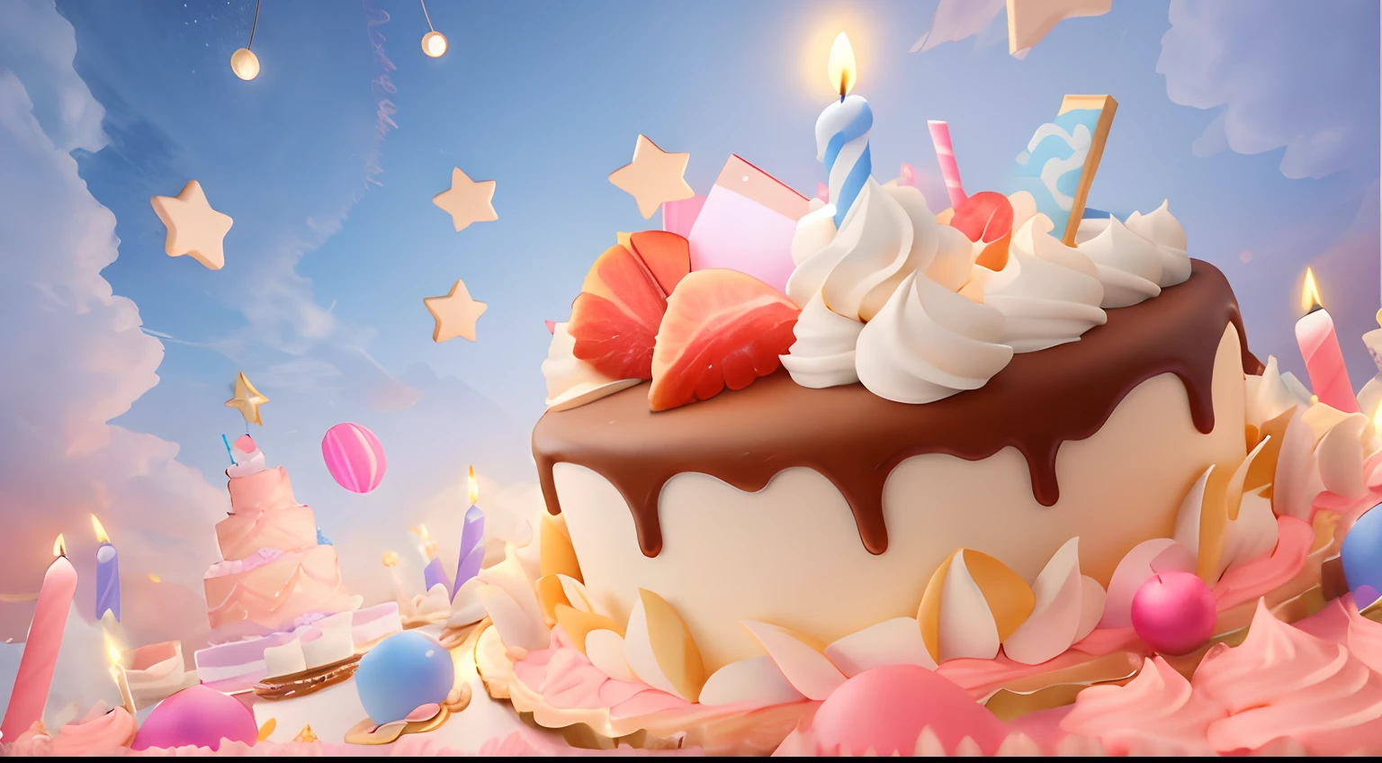 There is cake in the sky,There are candles and ornaments on it, Mobile game background, background artwork, happy birthay, cake art, The birthday cake, Mobile game art, Cute detailed digital art, highly detailed scenario, CG art, Stylized art, arte de fundo, 3 d icon for mobile game, 8K high quality detailed art,1 word candle,Mille-feuille cake