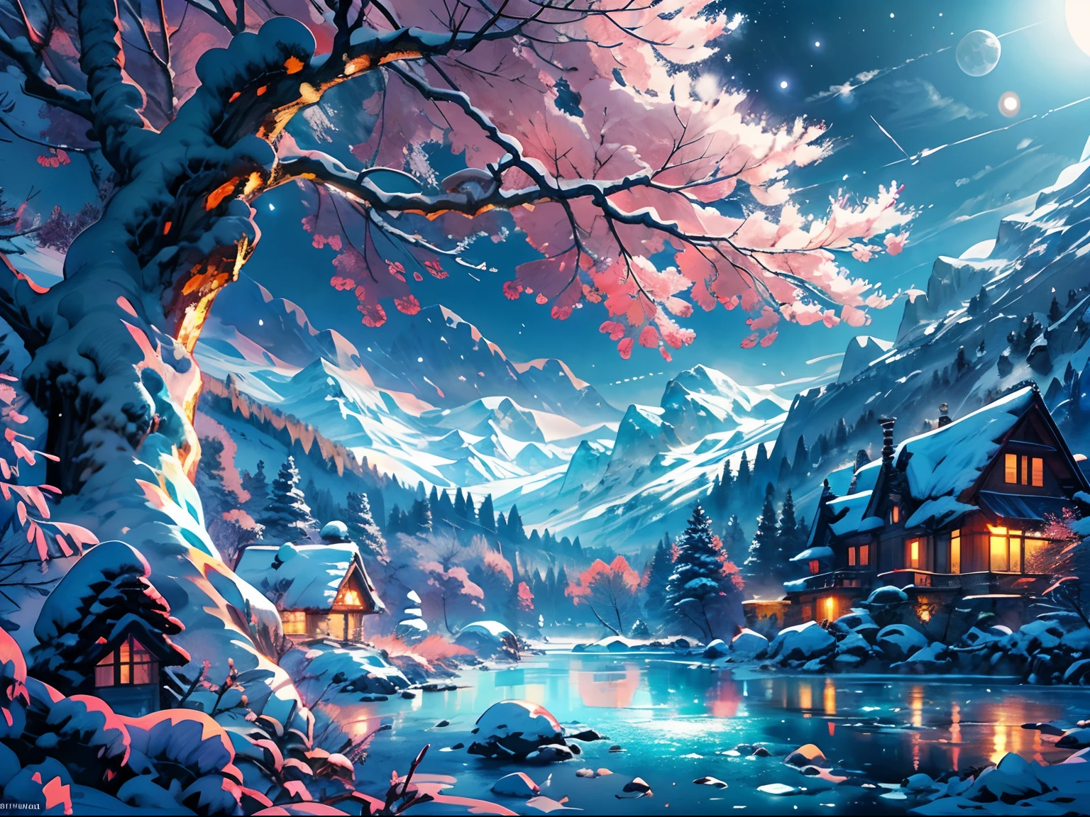 (Best quality,4K,A high resolution,Masterpiece:1.2),Ultra-detailed,(Realistic,Photorealistic,photo-realistic:1.37),hdr,hyper HD,Studio lighting,Clear detail,professional,Vivid colors,Bokeh,winter,anime big breast,landscape,Night,full moon,Cold,in wonderland,serene,tranquil,icy,meteors,Glowing ice,Huge snowy mountains,Majestic,Snow-covered peaks,Snowy forest,Frozen lake,Sparkling snowflakes,Mysterious Shadows,Snow-capped hills in the distance,endless horizon,Icy atmosphere,Calm reflection,Peaceful silence,Brilliant moonlight,Ethereal beauty,Winter ecosystem,harmony of nature,Enchanting silence,enchanting landscape,magical scenery,Awe-inspiring,serenequietude,spellbinding views