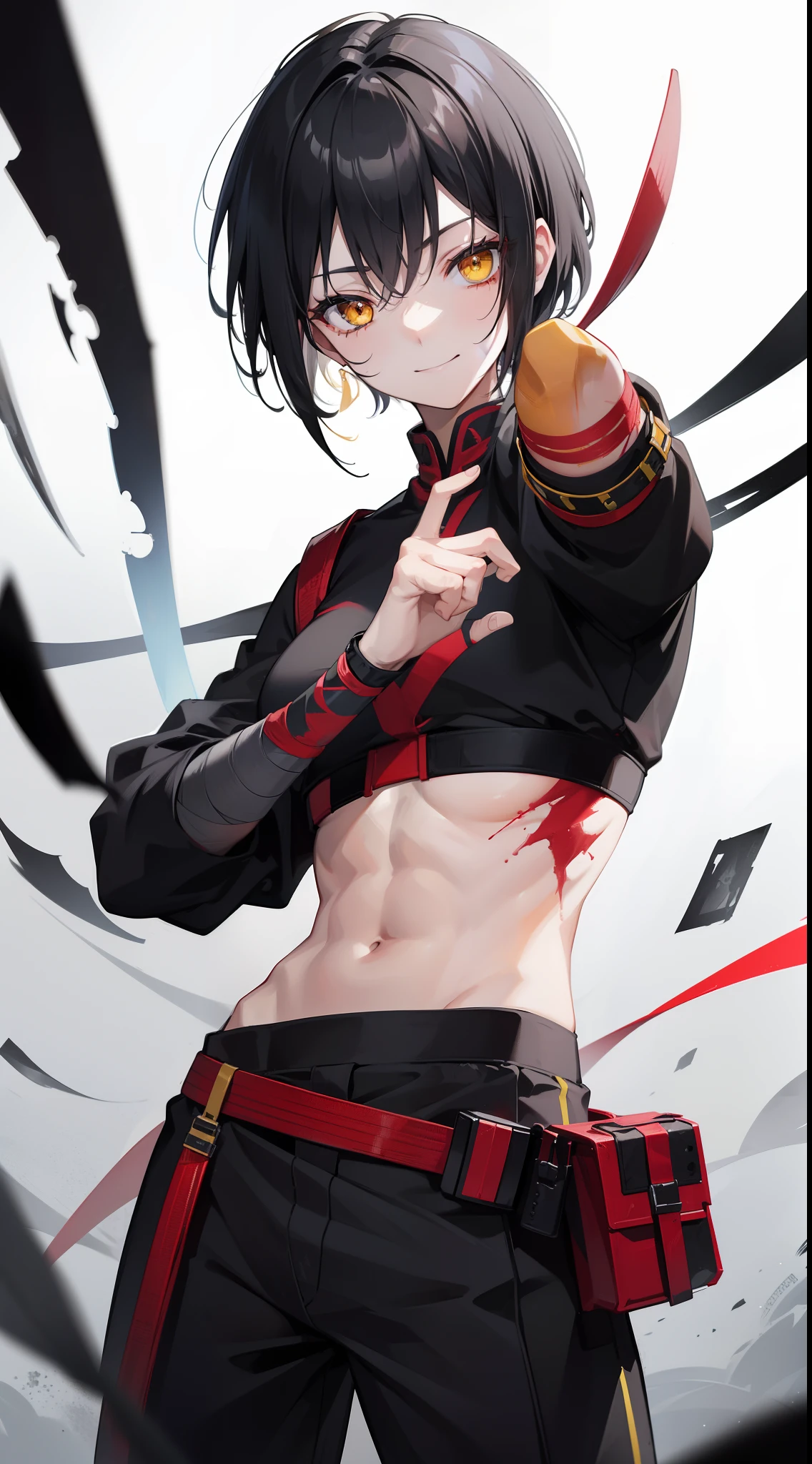 Young guy, short black hair, high ponytail, Yellow eyes, Scars, bloods, confusion, Wounds, Smile, Bandages, red martial arts pants, open torso, Masterpiece, hiquality, 4k, HD, Good detail