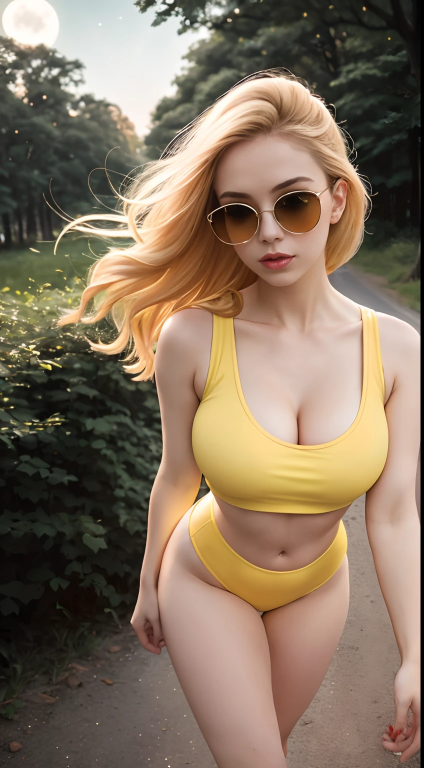 cleavage, woman, from_above, crop top, detailed face, yellow bodycon tank top, hair, park, sky, trees, pale skin, moonlight, stars, 1girl, full body, statement sunglasses, woman, busty, petite, vivid colors, bokeh background, subject for emphasis,dramatic colors, dynamic angles