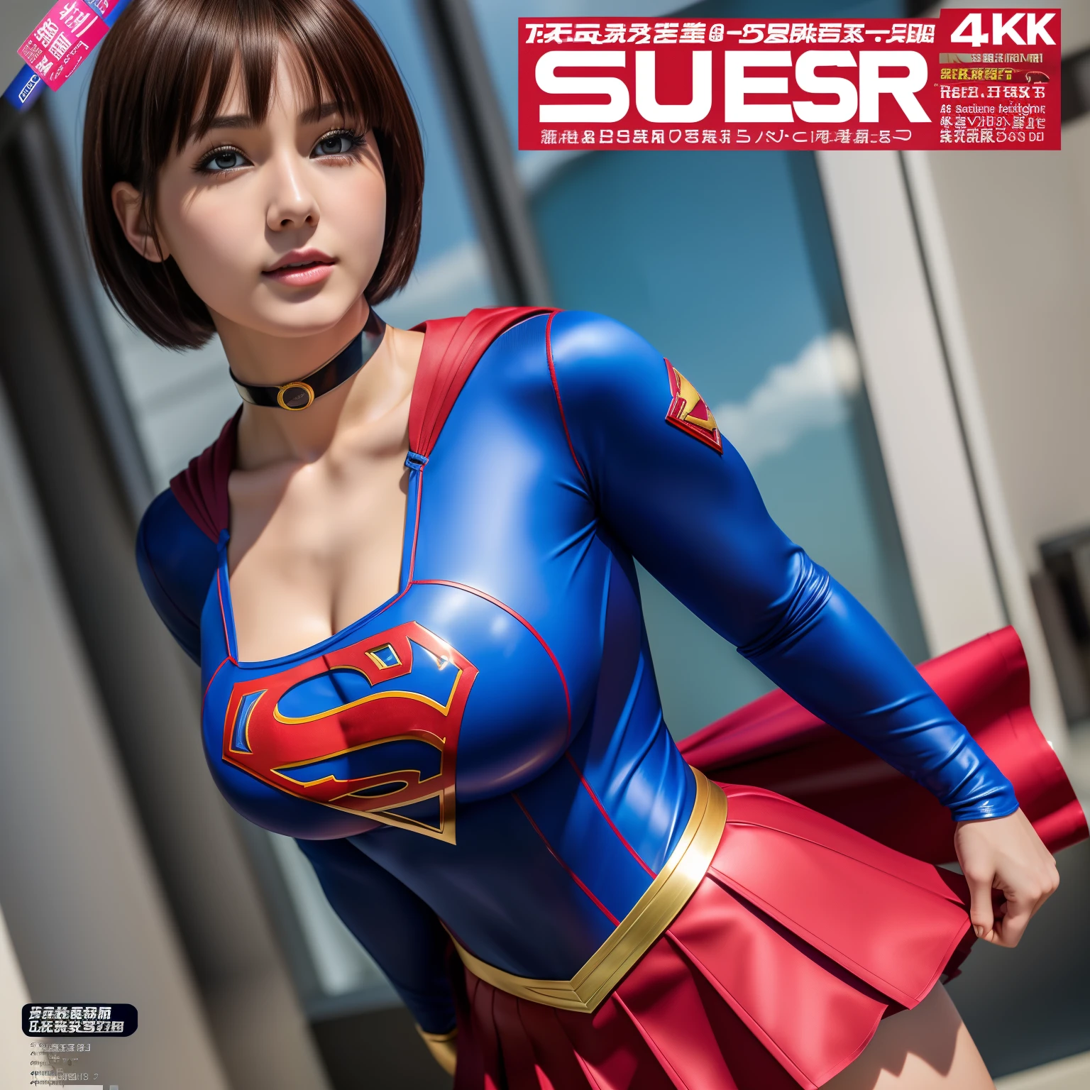 (Best Quality,4K,8K,hight resolution,masutepiece:1.2),Ultra-detailed,Realistic:1.37,Super masterpiece,Short-haired Supergirl、large full breasts、Looking at the camera、Glossy costume、a choker、Too short miniskirt、Magazine covers、