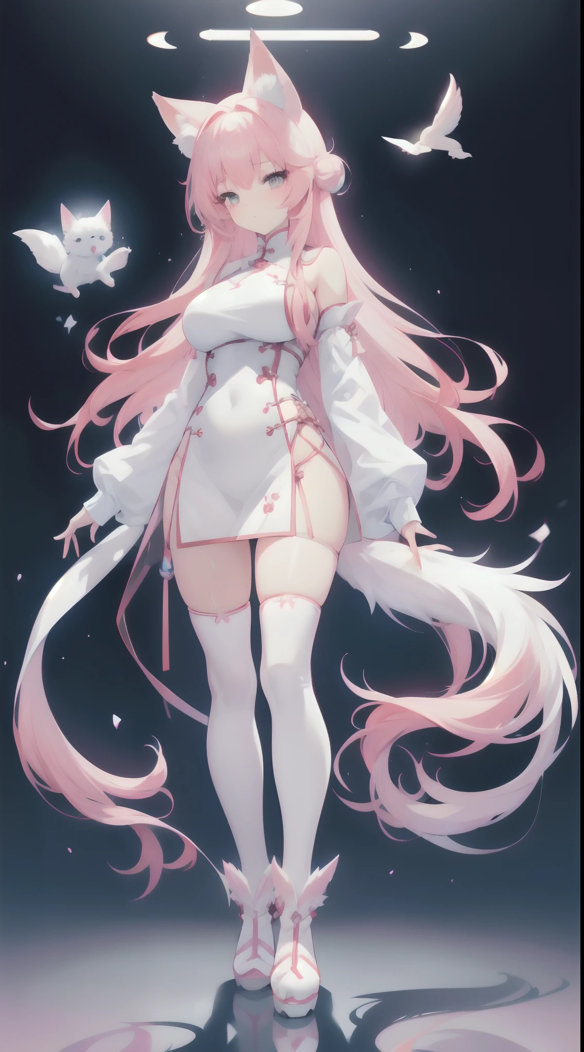 (A girl with) Big furry tail, (Long) Pink hair, Wearing a (Blue) high slit cheongsam, White stockings, kneehigh boots, Standing posture, Full body shot, There is a big white fox behind him, Detailed, anime big breast, High definition, (Pink), (Blue), Front view