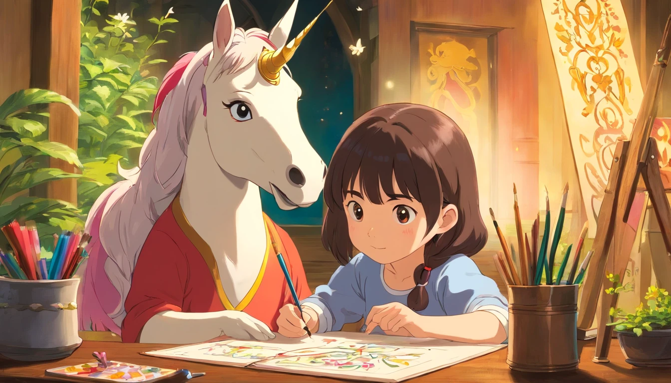The little girl is drawing a picture,The painting is a unicorn