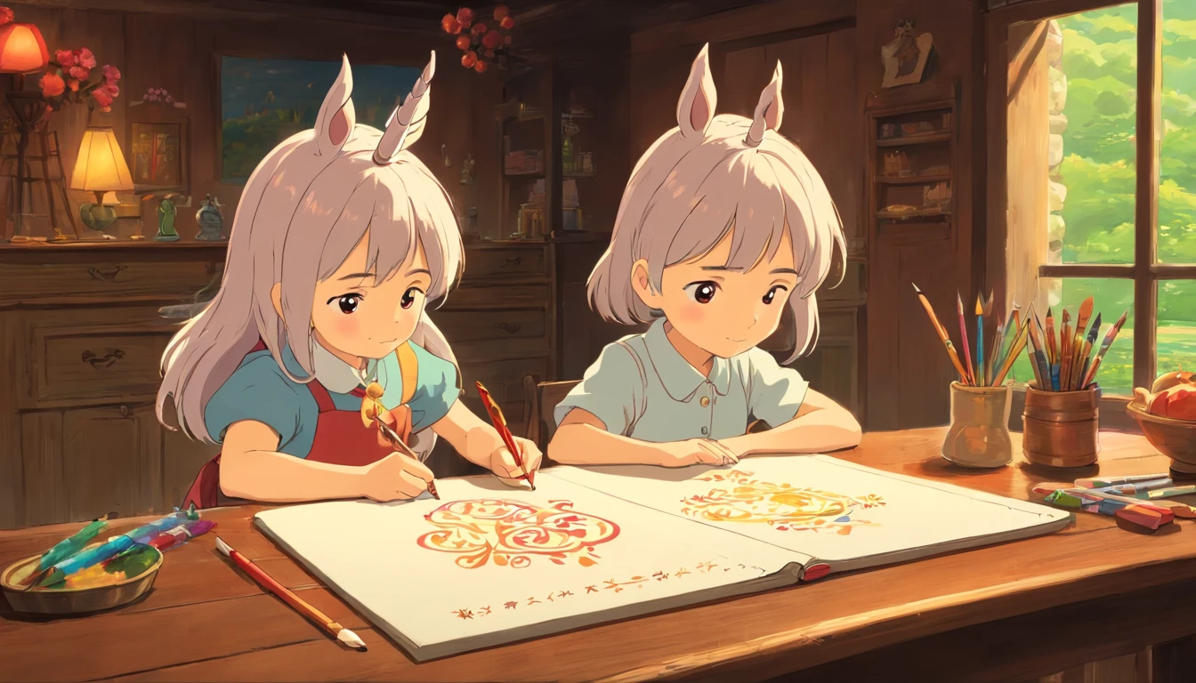 The little girl is drawing a picture,The painting is a unicorn