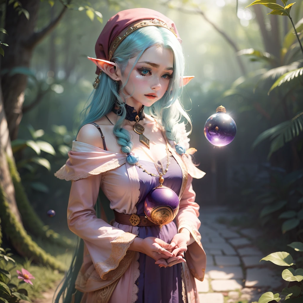 elf dressed in peach clothes, fortune teller, violet magic ball at hands 🔮 --auto --s2