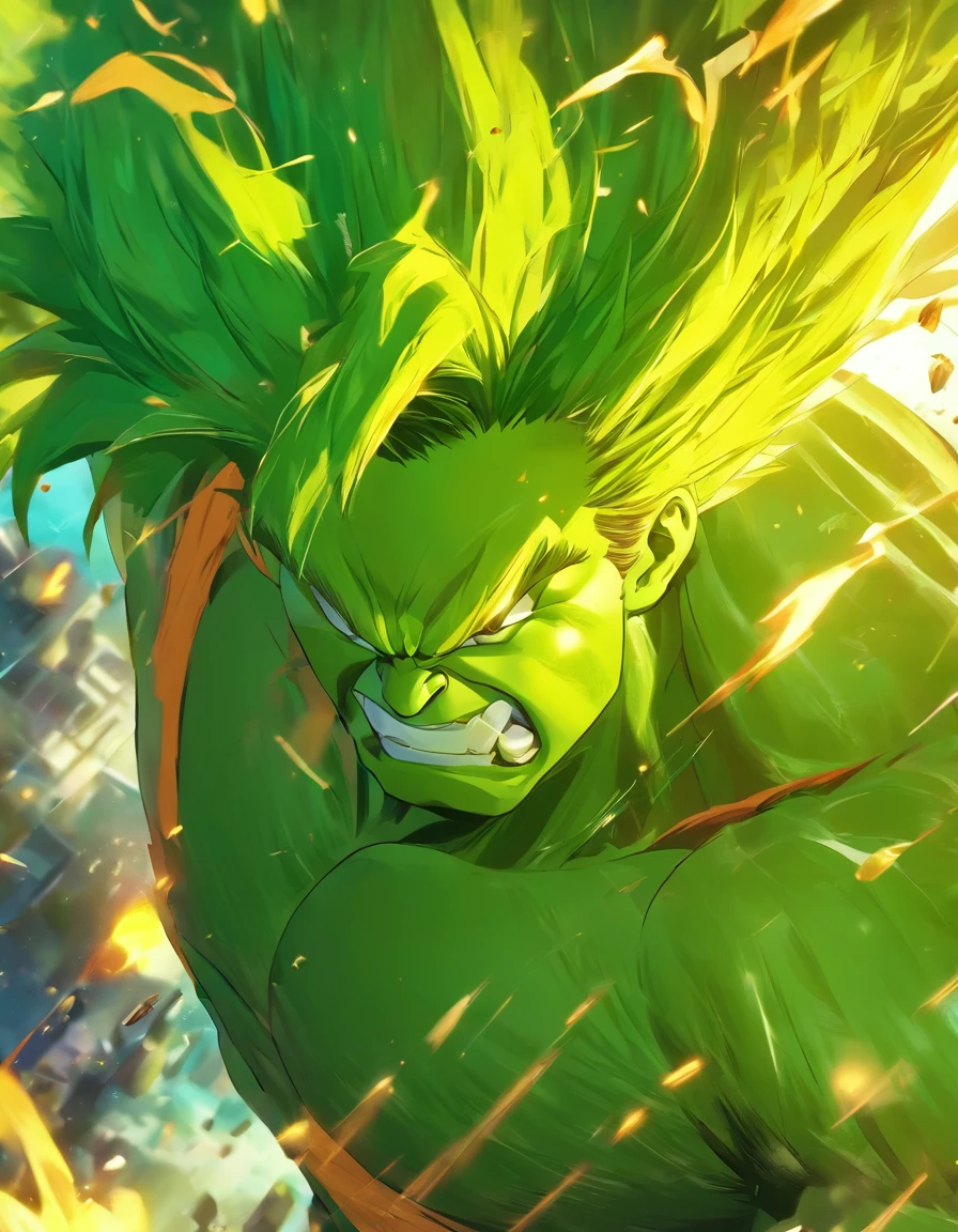 A combination of Hulk and Super Saiyan，first person perspective，tmasterpiece，high detal，best qualtiy，A high resolution，16k，in a panoramic view，hyper HD：： --v 5