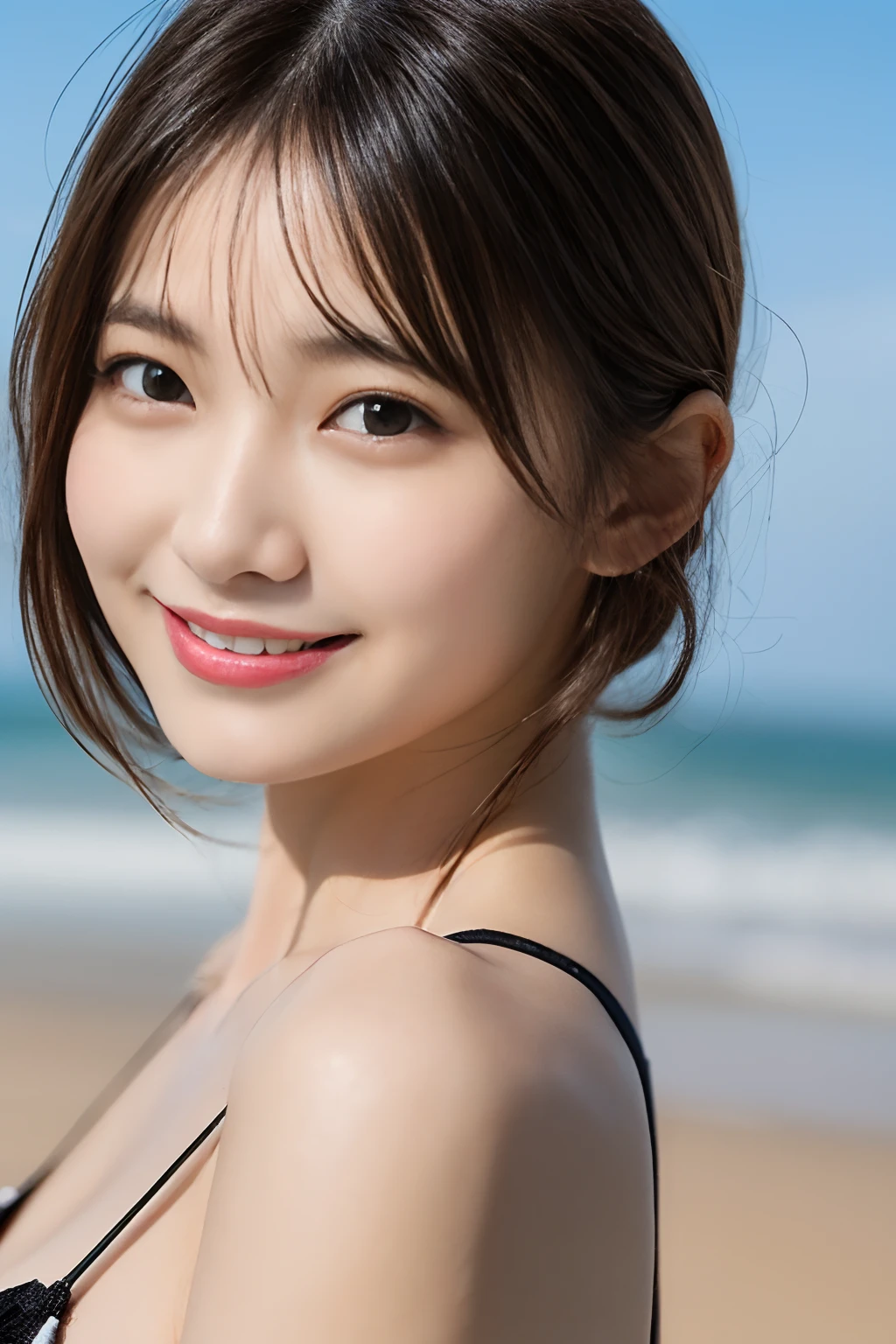 ((highest quality, 8K, masterpiece :1.3)), (realistic, Photoreal:1.4), sharp focus：1.2, 
Bright colors, professional level, shallow depth of field, 
20-year-old, 1 person, A beautiful face with intelligence, 
Supple body :1.3, model body shape:1.5, 頭w:1.4, perfect style：1.4, 
narrow shoulders, beautiful clavicle, long and thin legs, The beauty of slim abs :1.2, thin waist :1.2, 
super detailed skin, Fair skin, Shiny skin, 
super detailed face, slim facial contour, beautiful small face, Beautiful lined nose, 
super detailed eyes, long slit eyes, brown eyes, double eyelid, beautiful thin eyebrows, fine long eyelashes, 
super detailed lips, plump lips, glossy pink lips, flushed cheeks, beautiful teeth, 
Beautiful actress&#39;s ennui makeup, pink lipstick, (necklace, earrings), 
milk greige hair, delicate soft hair, 
(hair up, short hair, ponytail:1.2), layer cut, (dull bangs:1.2), 
(Dress up with trendy fashion:1.2), 
gentle smile, open mouth half way, Enchanted expression, stare at the camera, 
dynamic lighting, ((Hasselblad Photos)), 

(She is completely naked wearing a sheer polka dot low rise bikini.:1.3), 
(perfect breast shape, B cup:1.2), It is a small pale pink areola.,  
(She has a cute plump butt, My thighs are dazzling), 
(View from the front, pay attention to the thighs, full body portrait:1.2), 

blue sky and aegean sea, sea beach, The horizon of the ocean spreading out in the background, 
(She is squatting with her legs spread in a beautiful posture., Diagonal angle of view), 
She poses sexy with her hand between her crotches, 
cinematic lighting, midsummer rays, Bright light shining all over, 