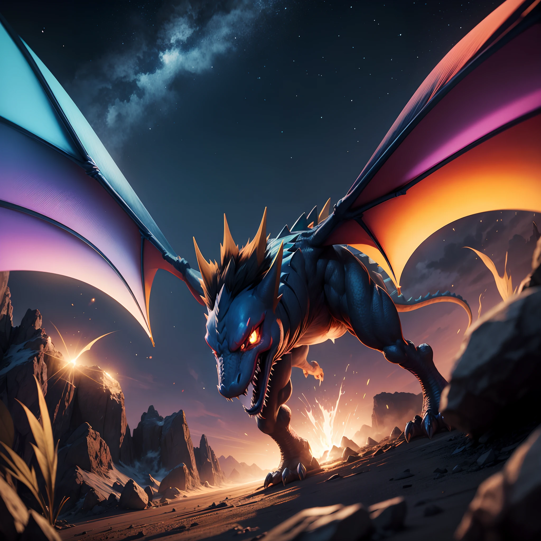 Pokémon dracofeu with the colors of Noctali on a dark hyper HD hyper realistic background