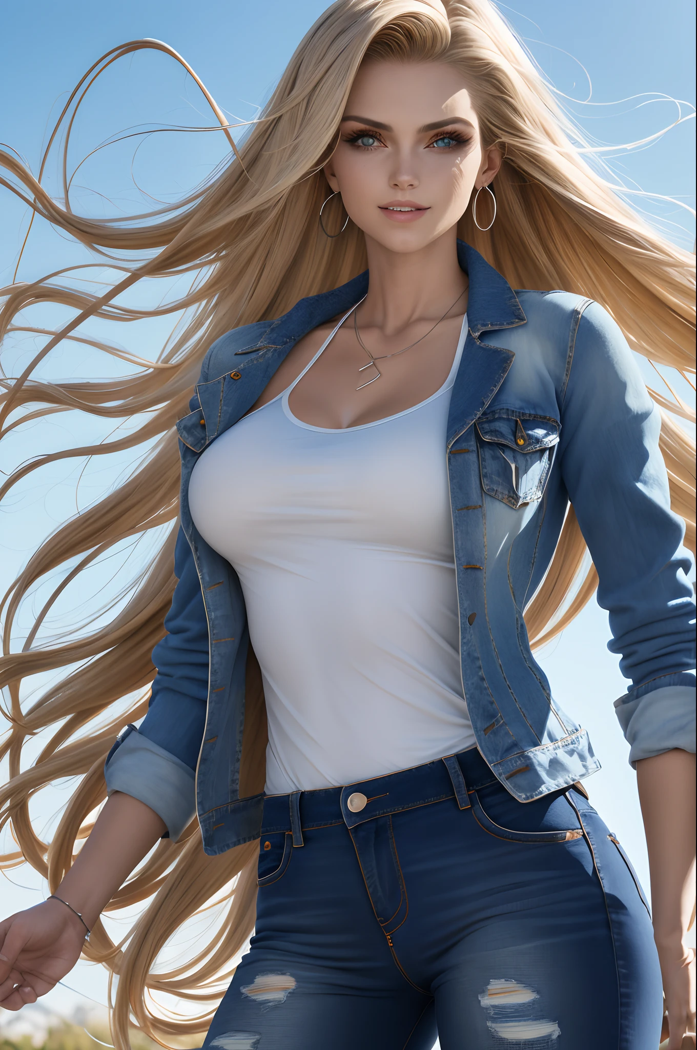 obra-prima, alta qualidade, 1 garota, sozinho, cabelo longo, (cabelo entre os olhos), (hair fluttering in the wind), asas de morcego, rosto desapontado, (Camisola bordada, jeans flare cortados, blazer de couro)